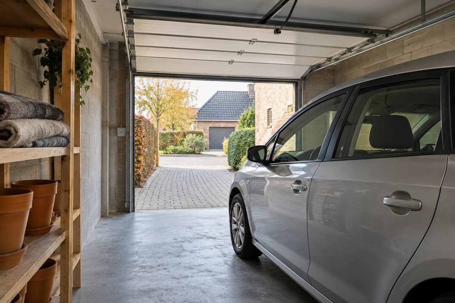 Voiture garée dans un garage ouvert, avec passage latéral et étagère de pots en terre cuite.