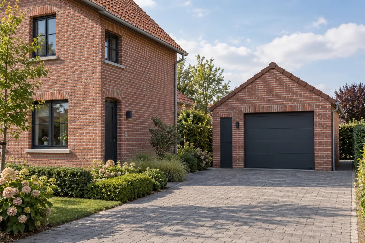 Garage indépendant en briques rouges avec porte sectionnelle anthracite et allée pavée.