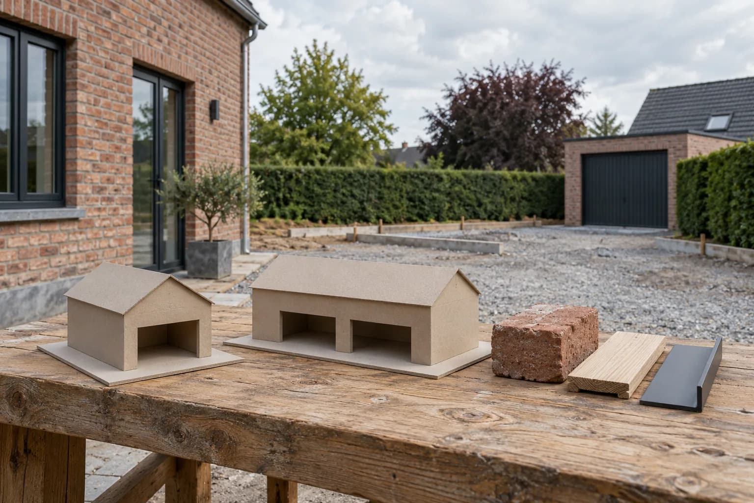Maquettes de garage simple et double sur un établi, avec échantillons de brique, bois et métal.