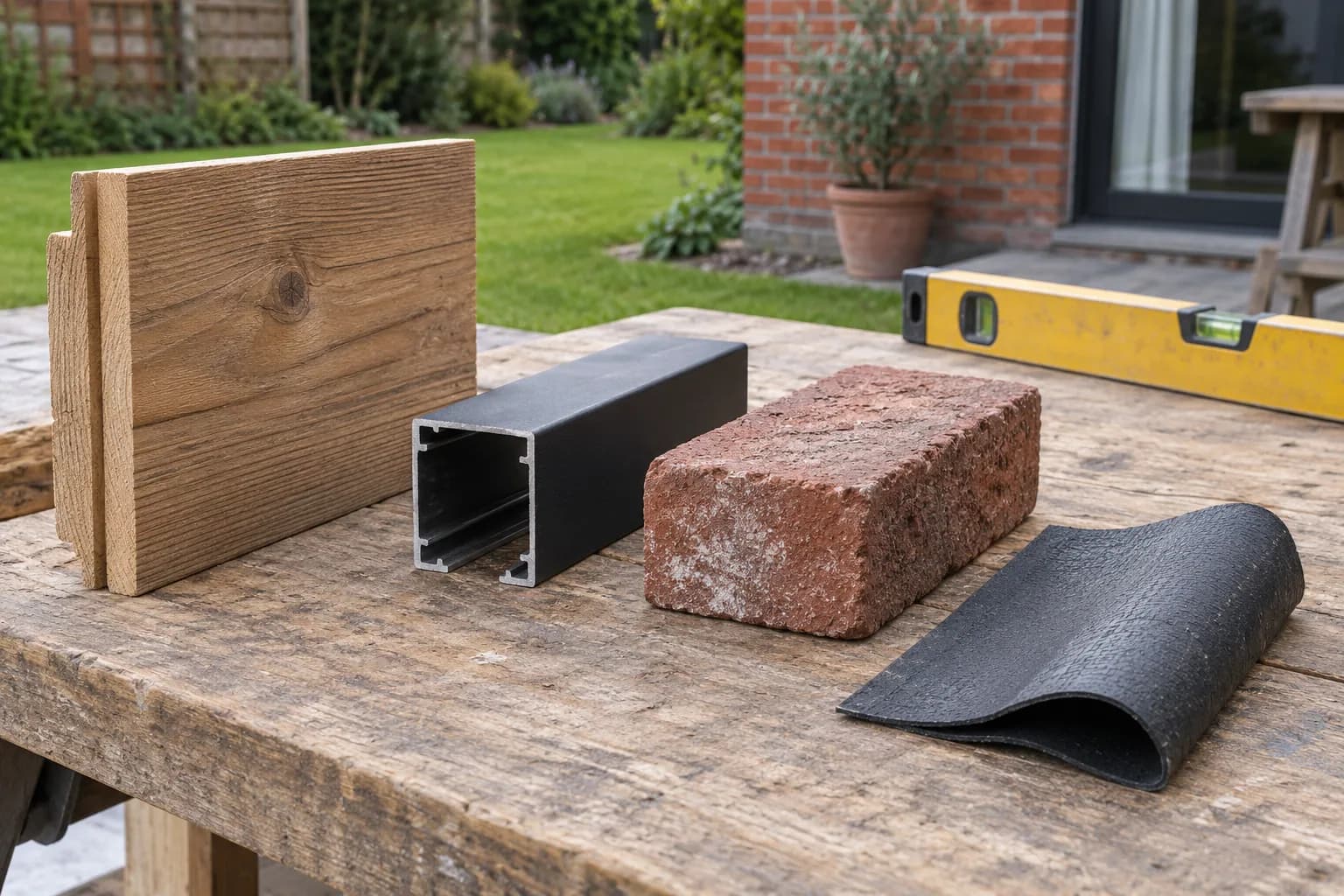 Échantillons de bois, profilé métallique, brique et membrane de toiture sur un établi extérieur
