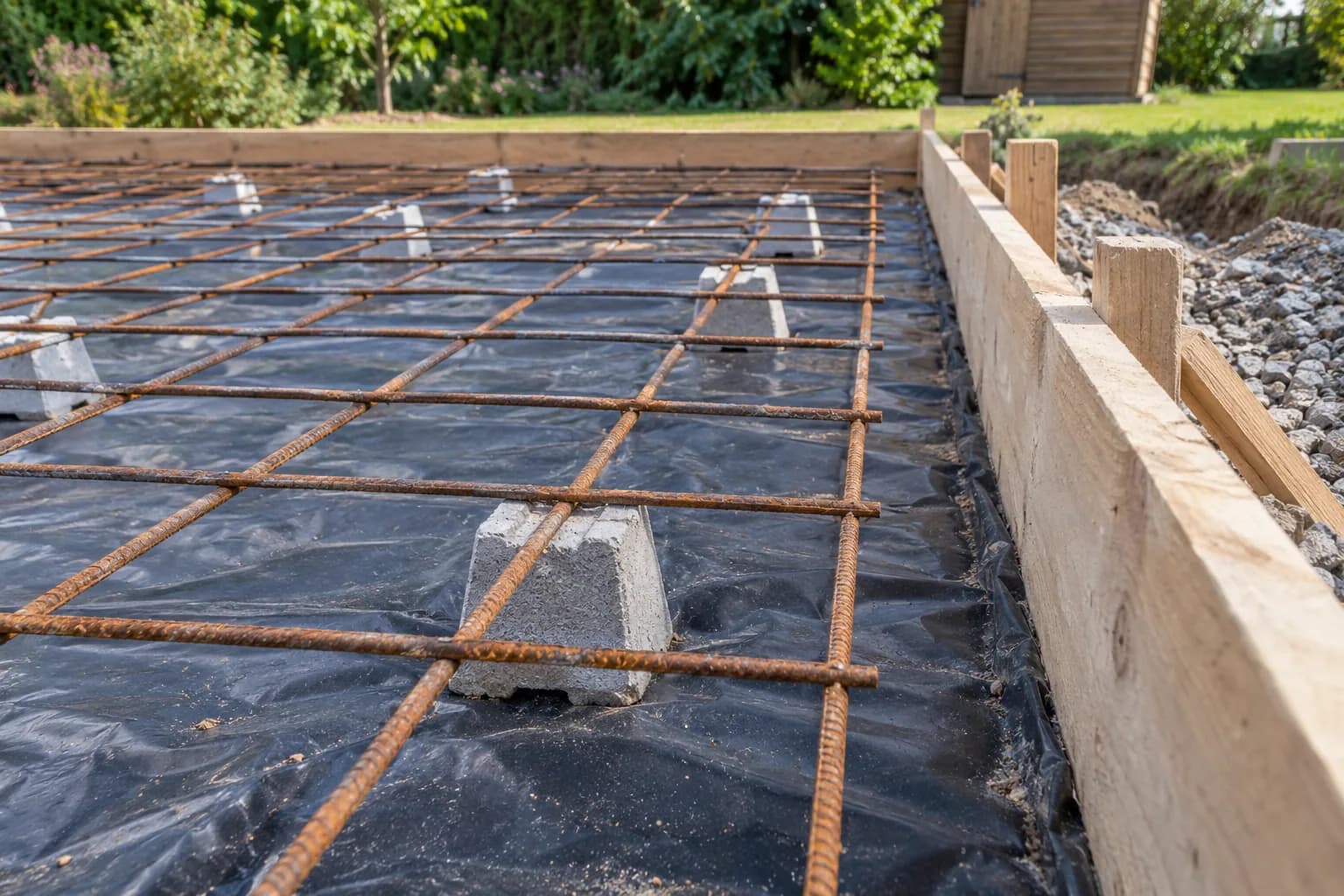 Treillis métallique sur cales au-dessus d’une membrane, avec espace libre le long du coffrage en bois.