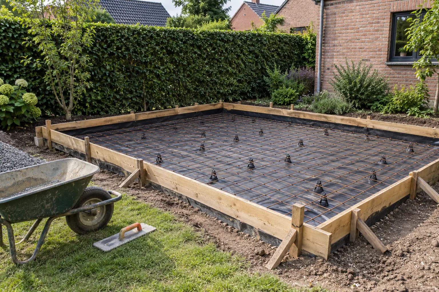 Coffrage de dalle dans le jardin, avec membrane noire et treillis posé sur des cales avant le coulage.