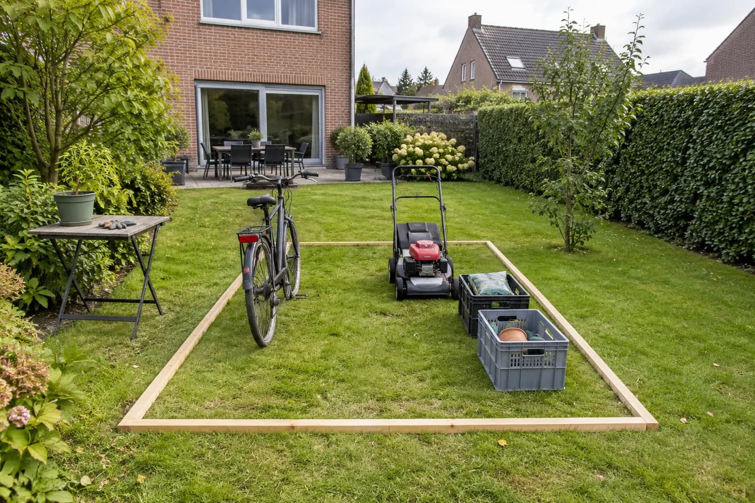 Vélo, tondeuse et caisses disposés dans une emprise en tasseaux pour évaluer la place nécessaire dans un abri.