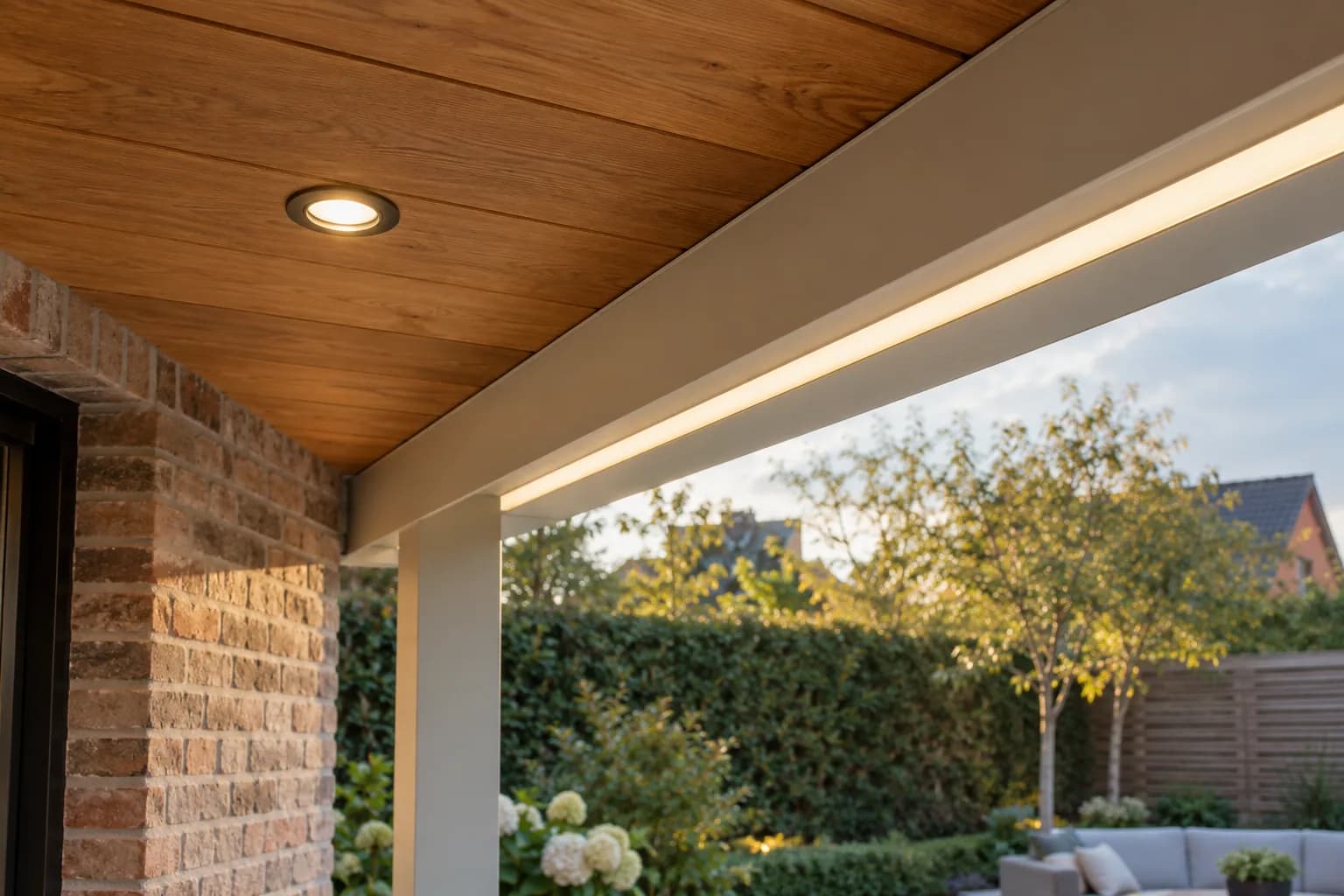 Spot encastré dans un plafond en bois et profilé lumineux à diffuseur opalin intégré sous une poutre de terrasse.
