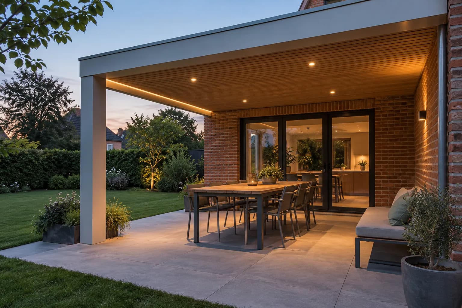 Terrasse couverte éclairée au crépuscule par des spots encastrés, un ruban lumineux latéral et une applique.