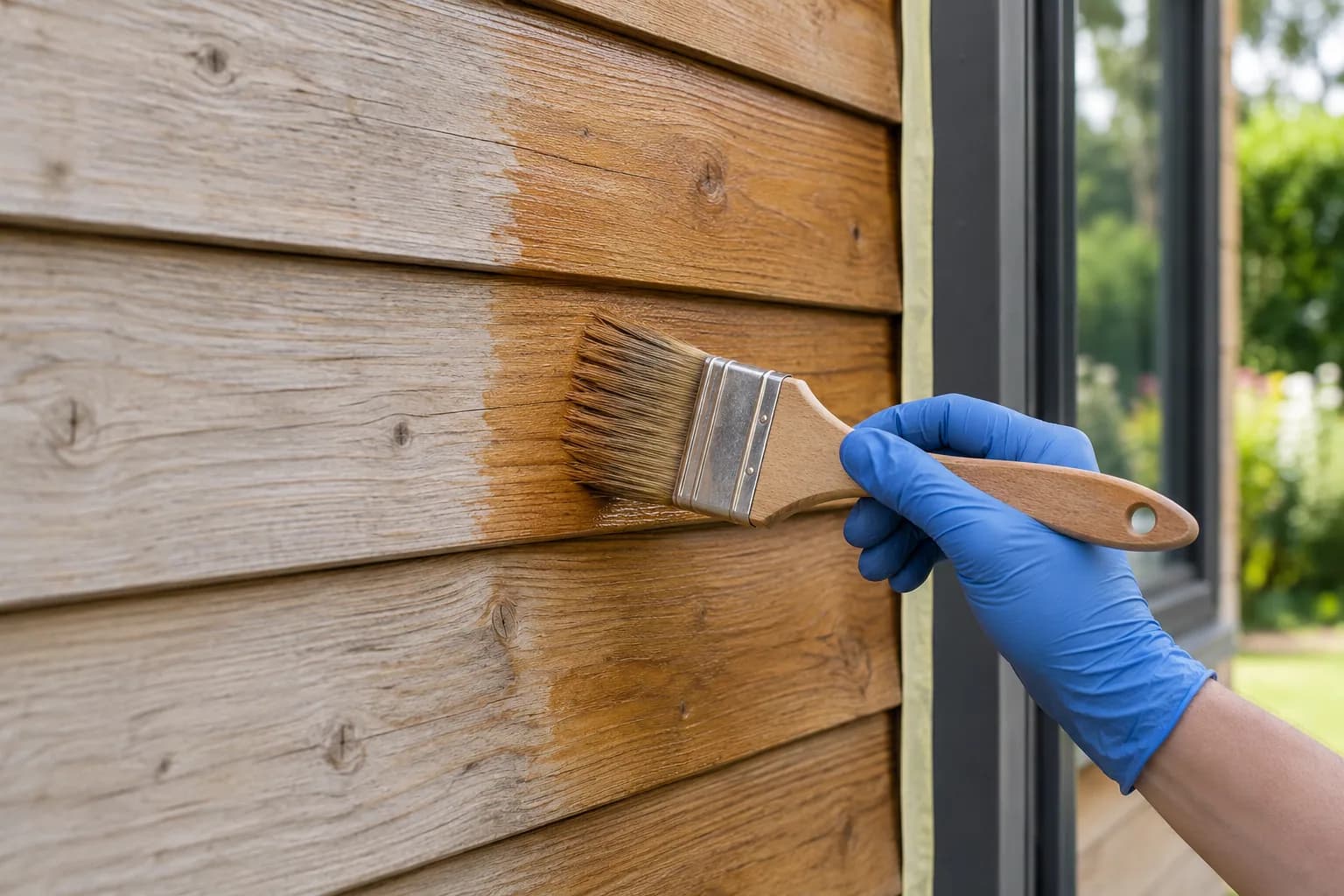 Main gantée appliquant une finition transparente au pinceau sur le bardage horizontal d'un abri en bois.