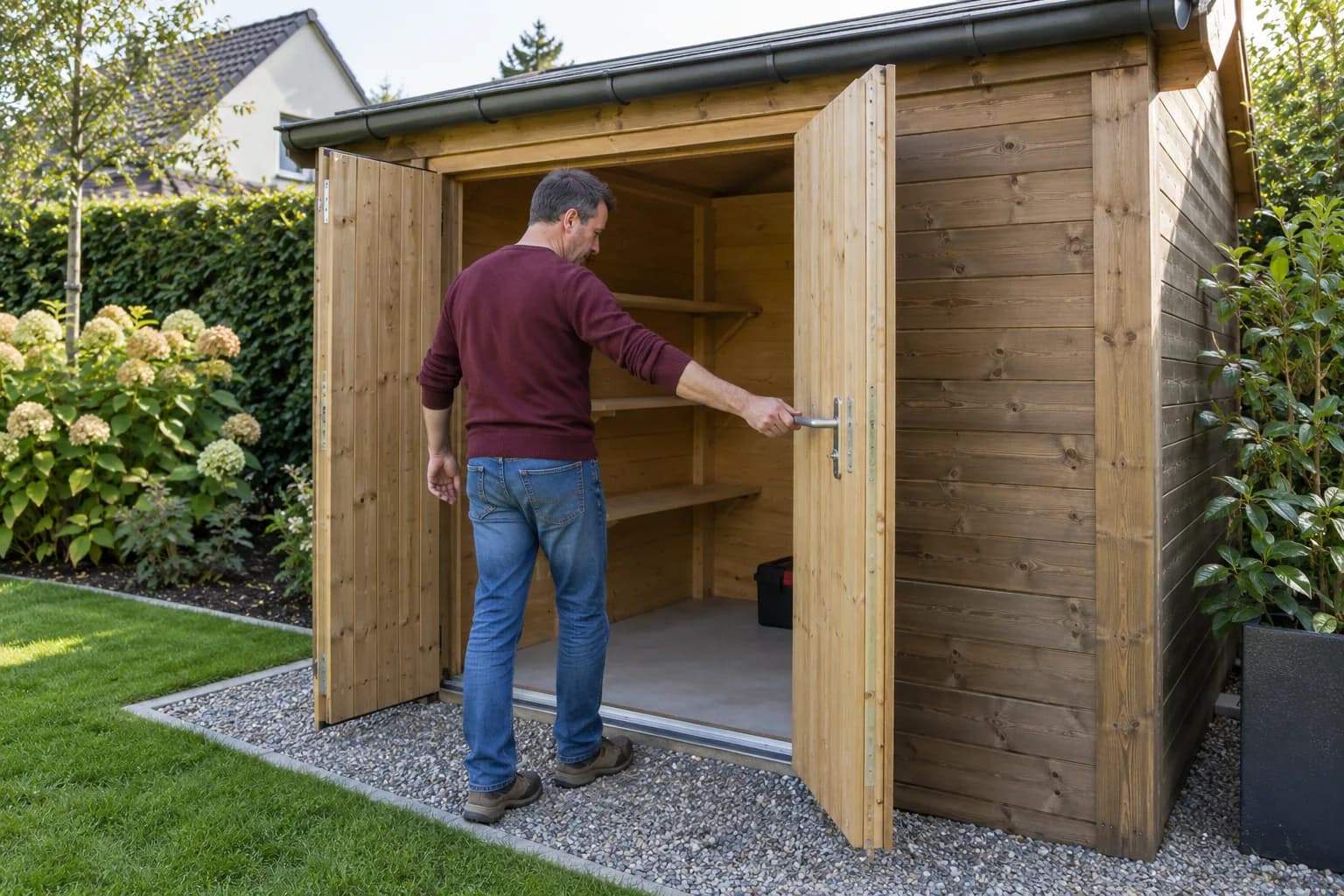 Habitant vérifiant l’ouverture des portes d’un abri terminé, avec intérieur vide et étagères installées.