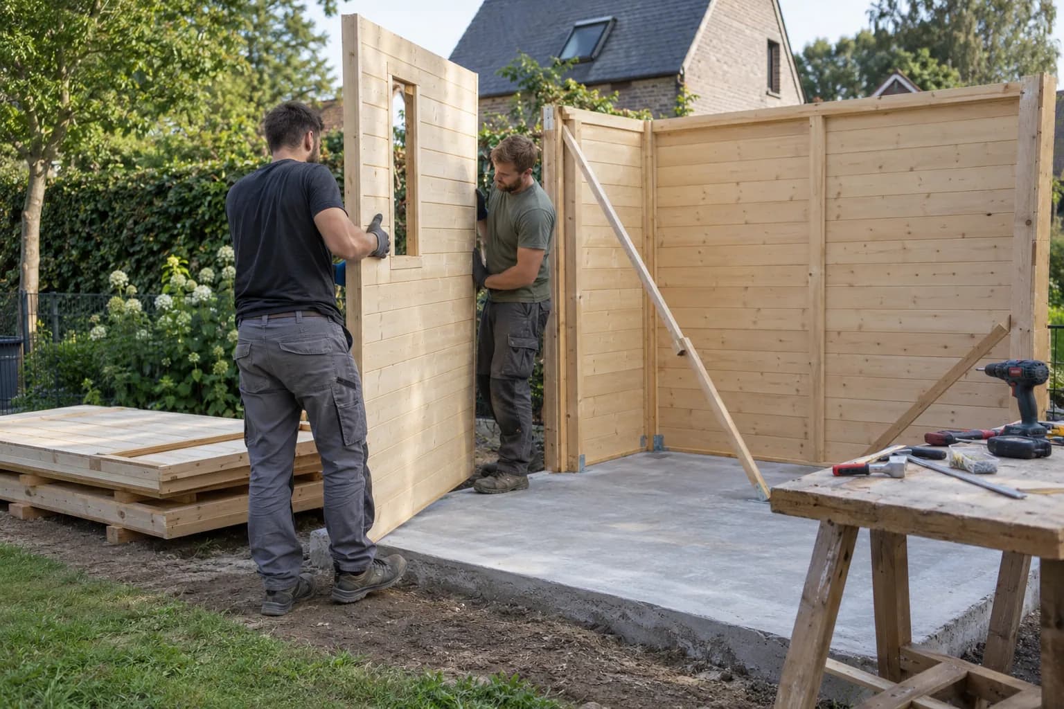 Deux personnes positionnent un panneau d’abri en bois près de parois maintenues par des étais diagonaux.
