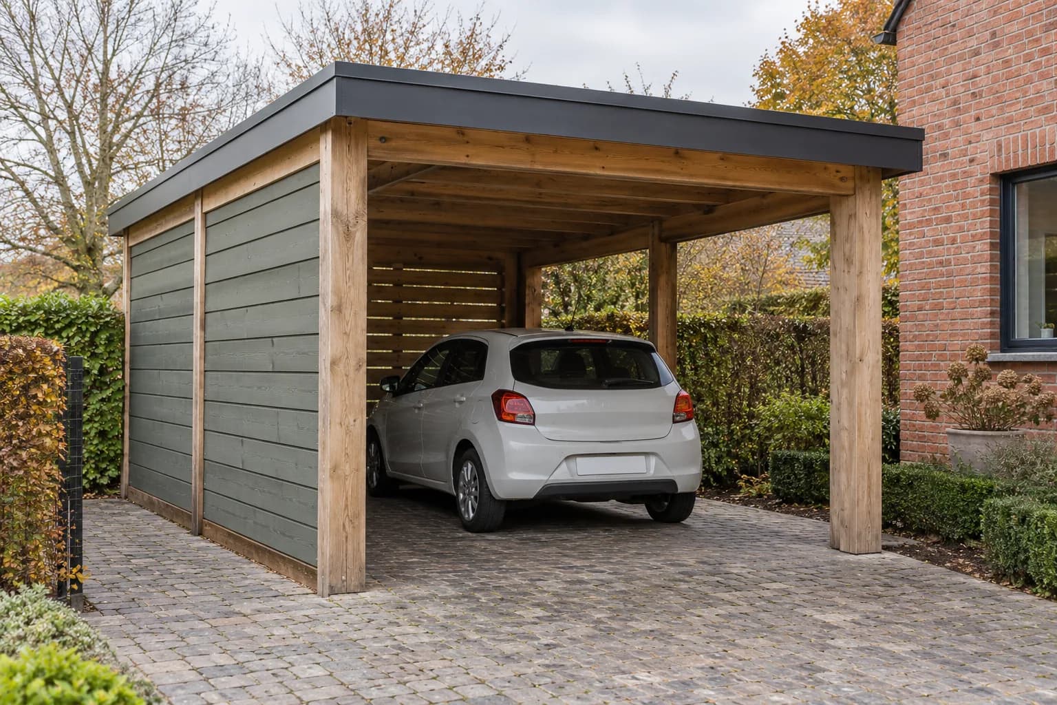 Carport en bois fermé sur deux côtés, avec bardage gris-vert et voiture stationnée sous la toiture.