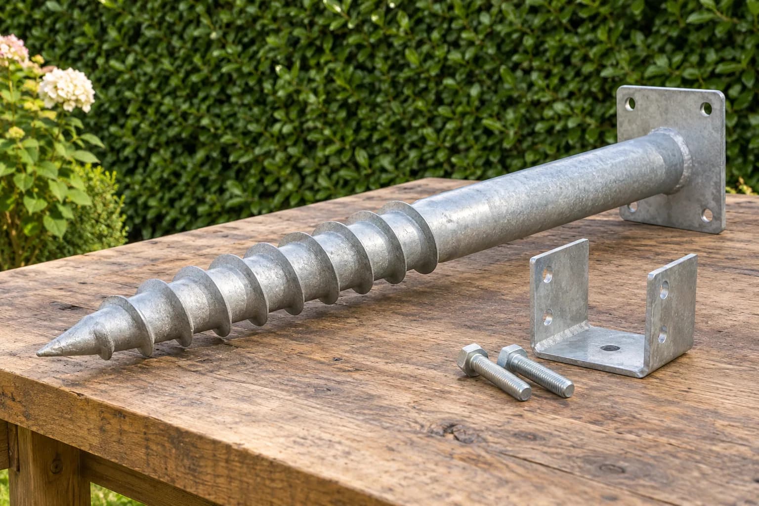 Vis de fondation galvanisée avec hélice et platine, accompagnée d’un support en U et de boulons.