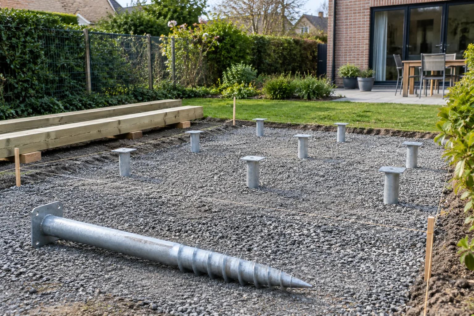 Têtes de pieux implantées dans le gravier et vis de fondation galvanisée posée au premier plan.