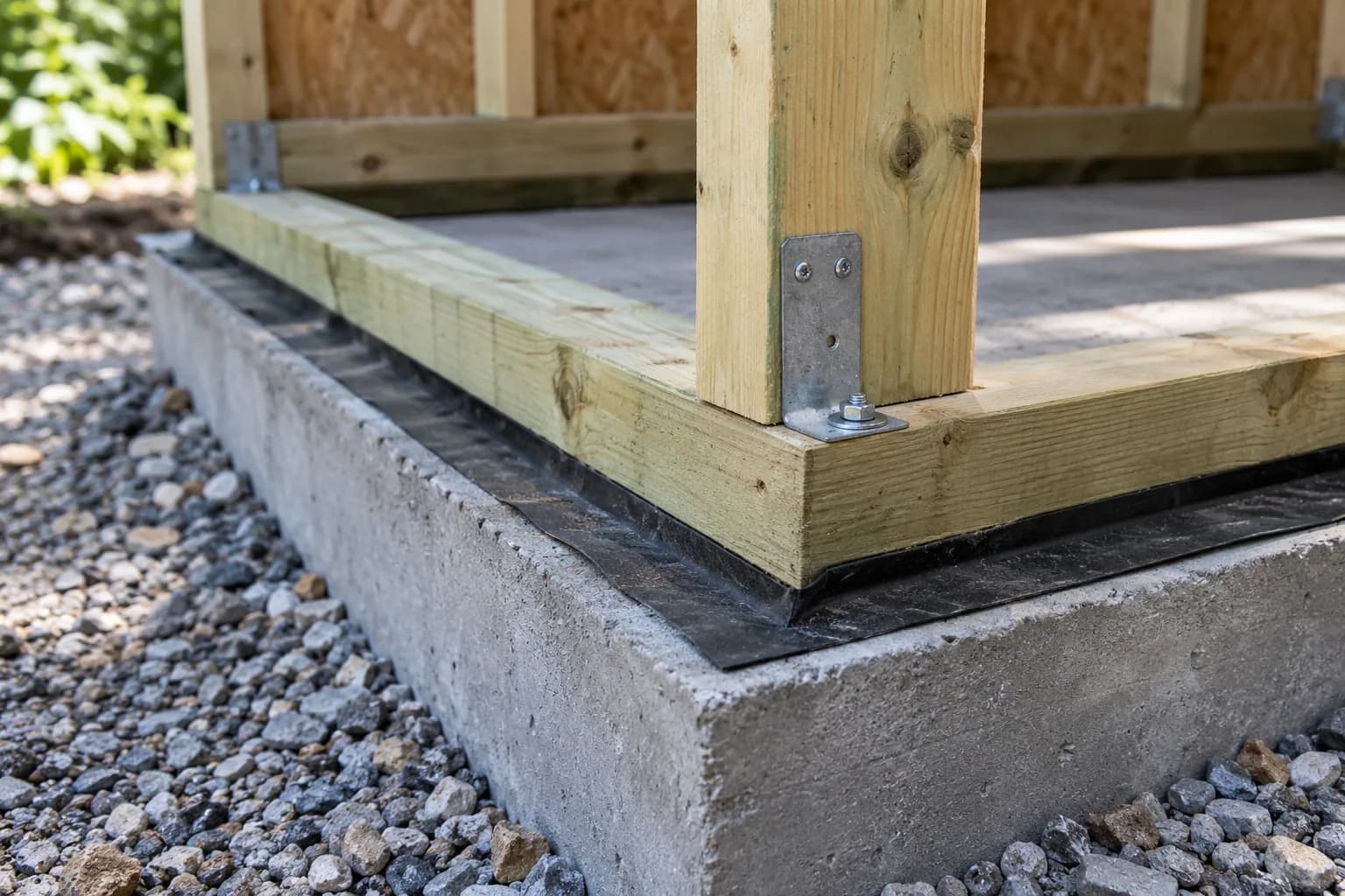 Lisse en bois sur bande de séparation noire au-dessus du béton, avec montant fixé par une équerre métallique.
