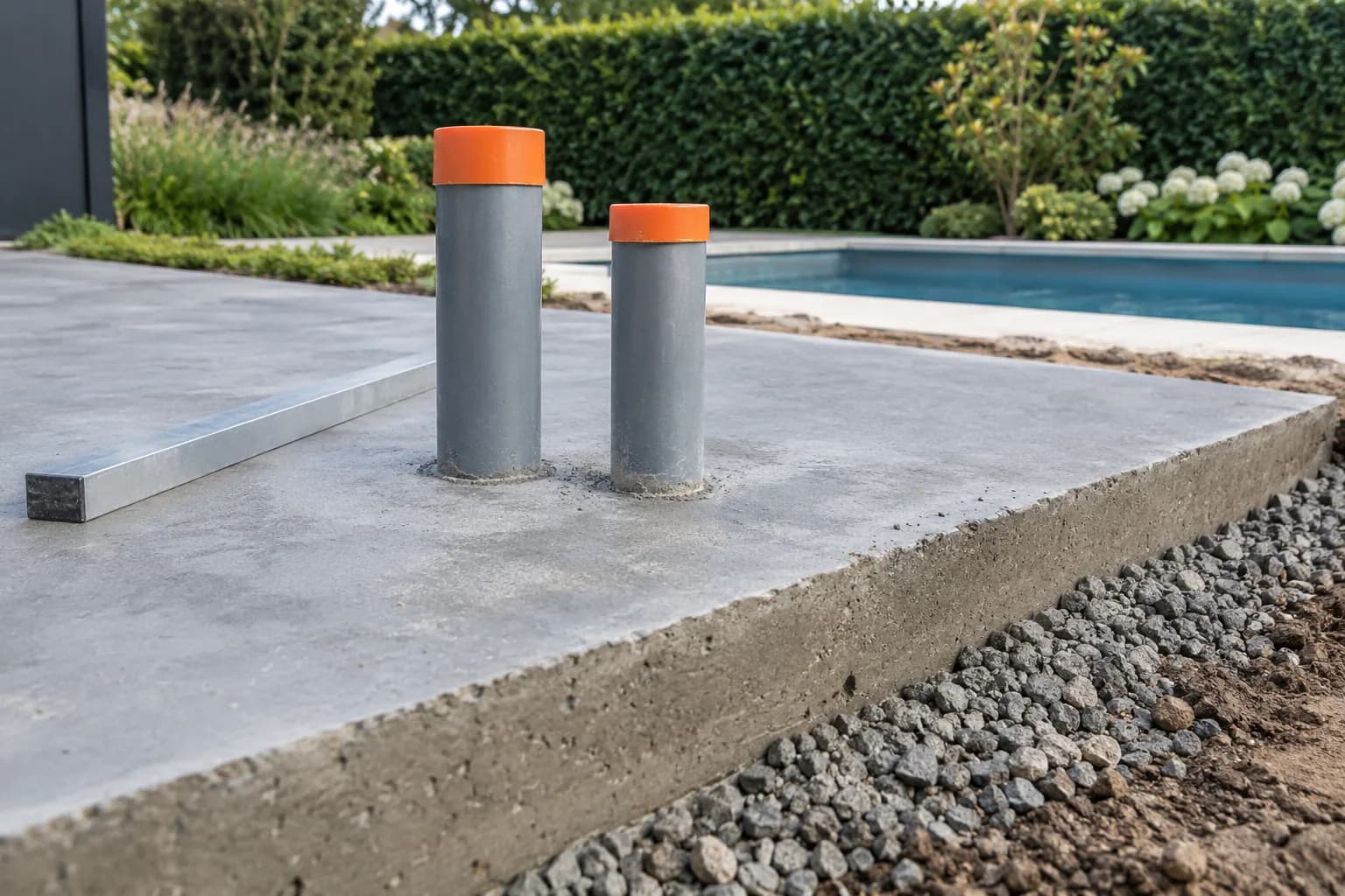 Deux fourreaux bouchonnés traversent la dalle de béton d'un pool house, près d'une règle métallique et du bord en gravier.