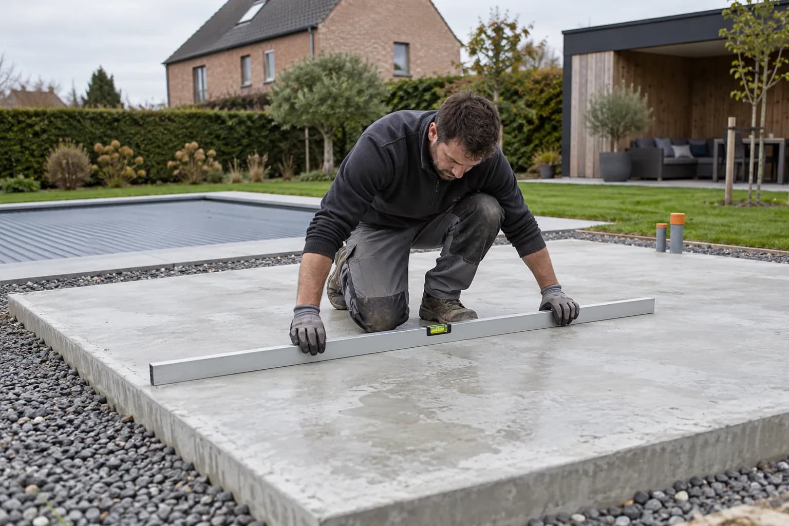 Contrôle d'une dalle de béton avec une longue règle à niveau, près d'une piscine équipée d'un volet fermé.