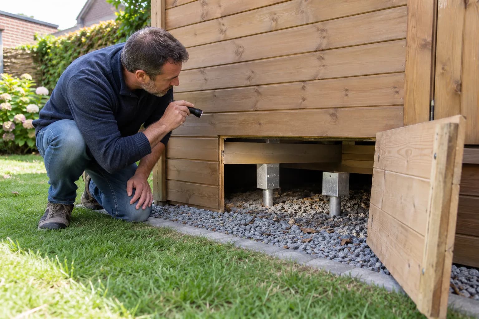 Inspection des supports métalliques sous un abri en bois, à travers un panneau de soubassement ouvert.