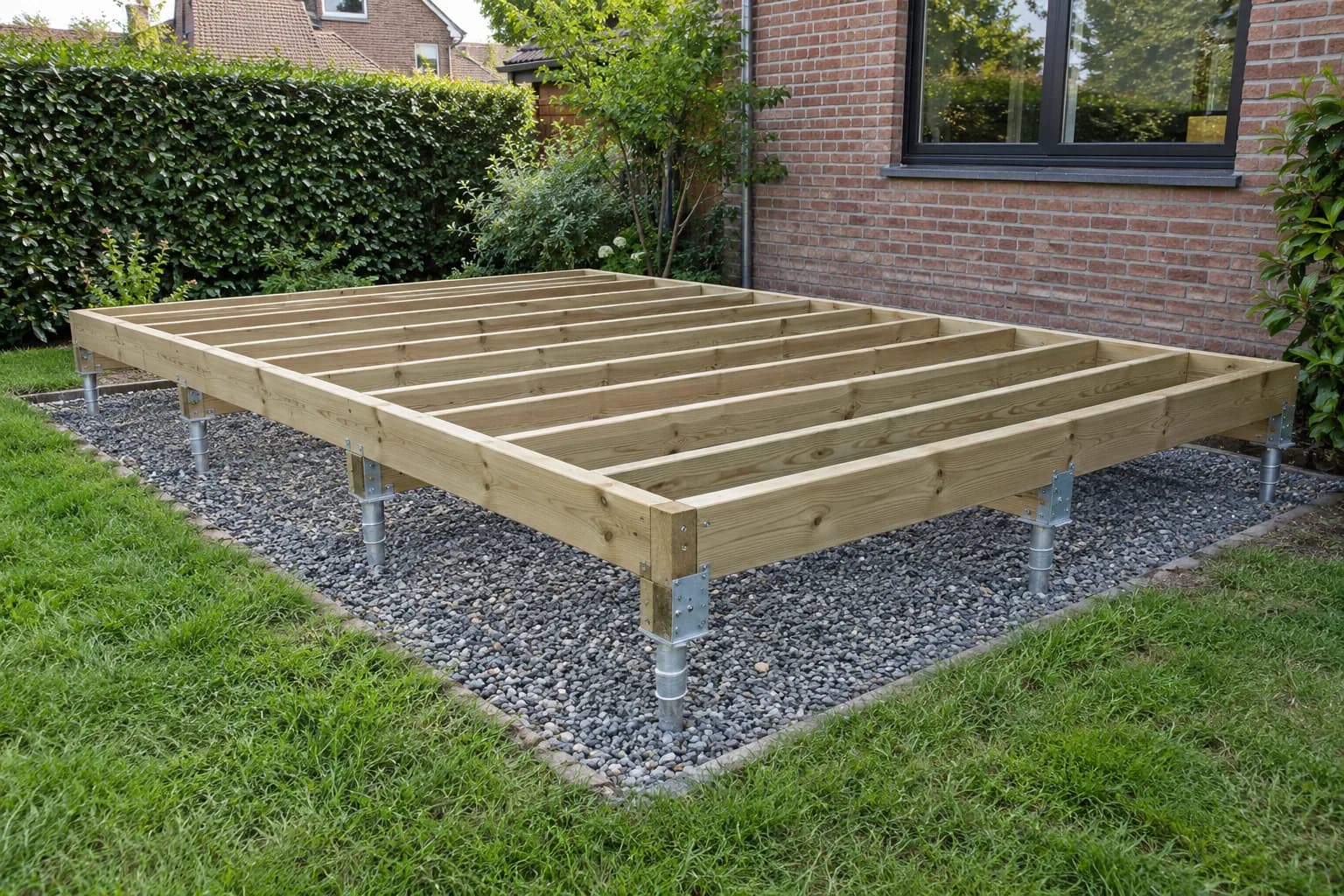 Ossature de plancher en bois portée par des supports métalliques au-dessus d’un lit de gravier, sans dalle.