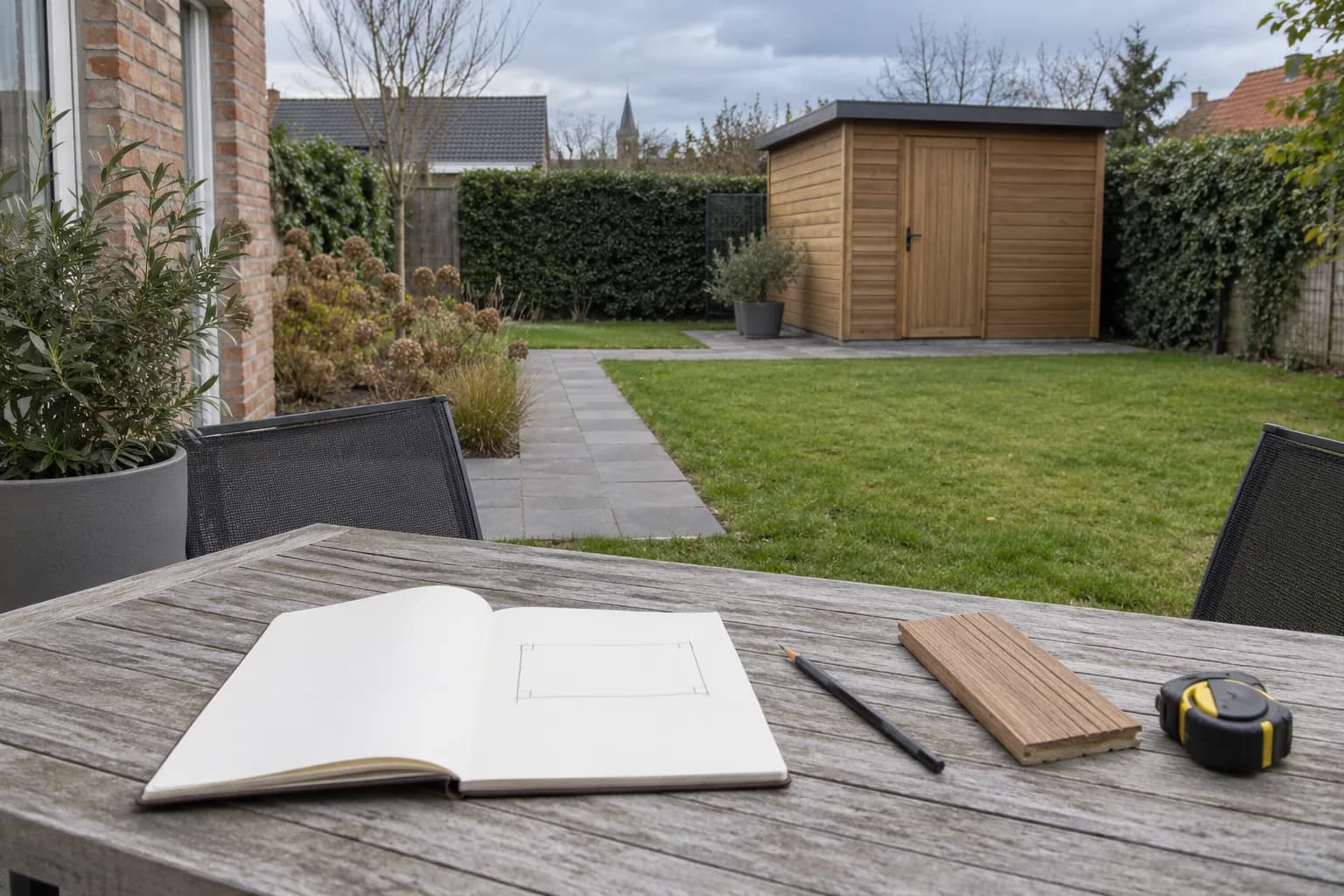 Croquis sans cotes, échantillon de bois et mètre sur une table face à un abri de jardin