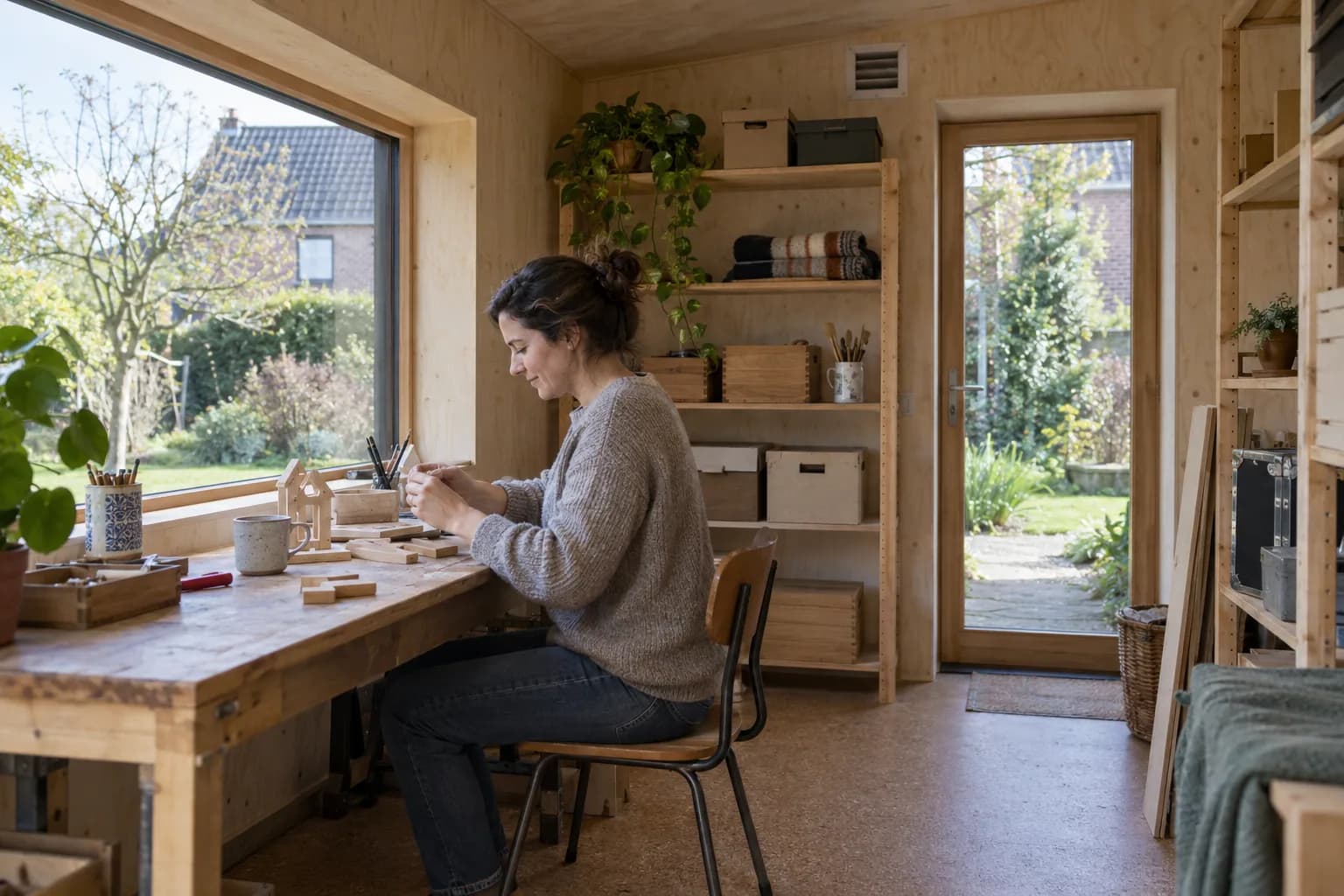Une personne réalise de petits objets en bois dans un abri aménagé en atelier, avec parois doublées et rangements.
