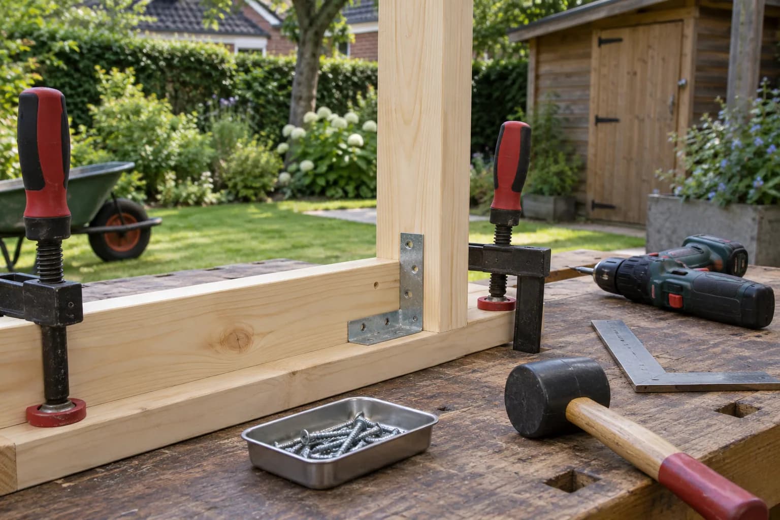 Pièces de bois maintenues par serre-joints, avec équerre métallique, vis et outillage préparés pour l’assemblage.