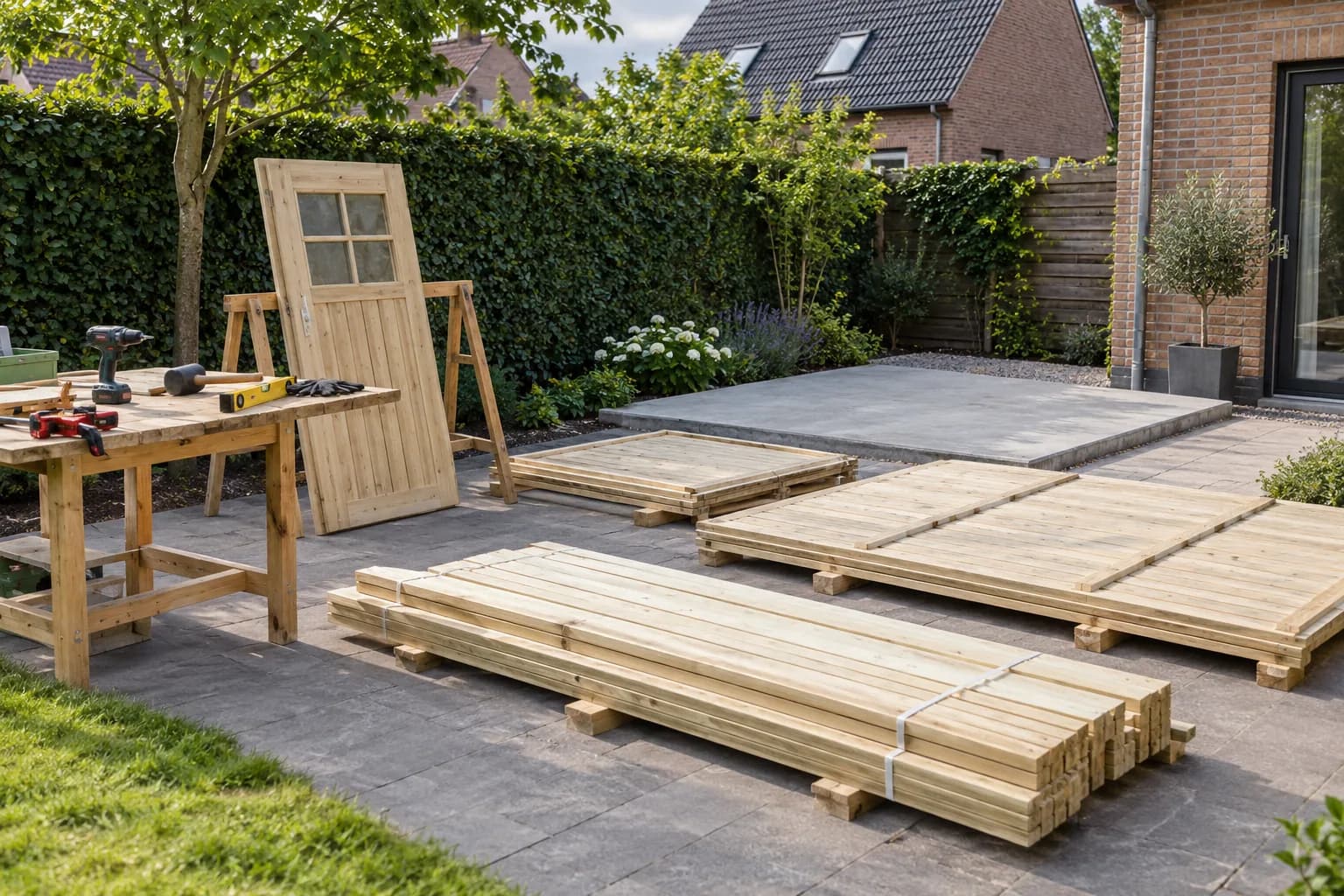 Panneaux et planches d’un abri en kit disposés près d’un établi et de la dalle prête pour le montage.