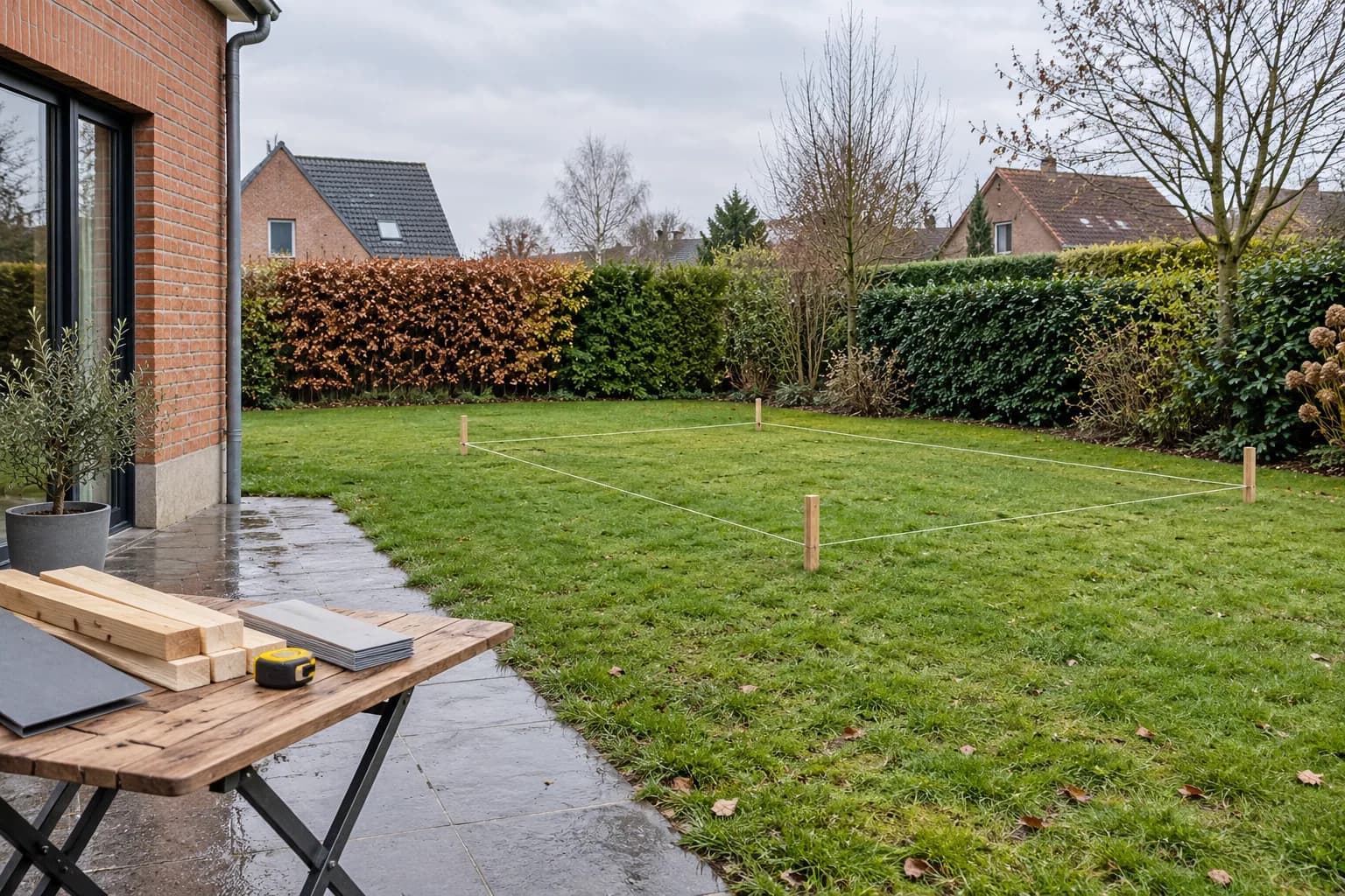 Emprise d’une future annexe délimitée par des piquets et une ficelle dans un jardin