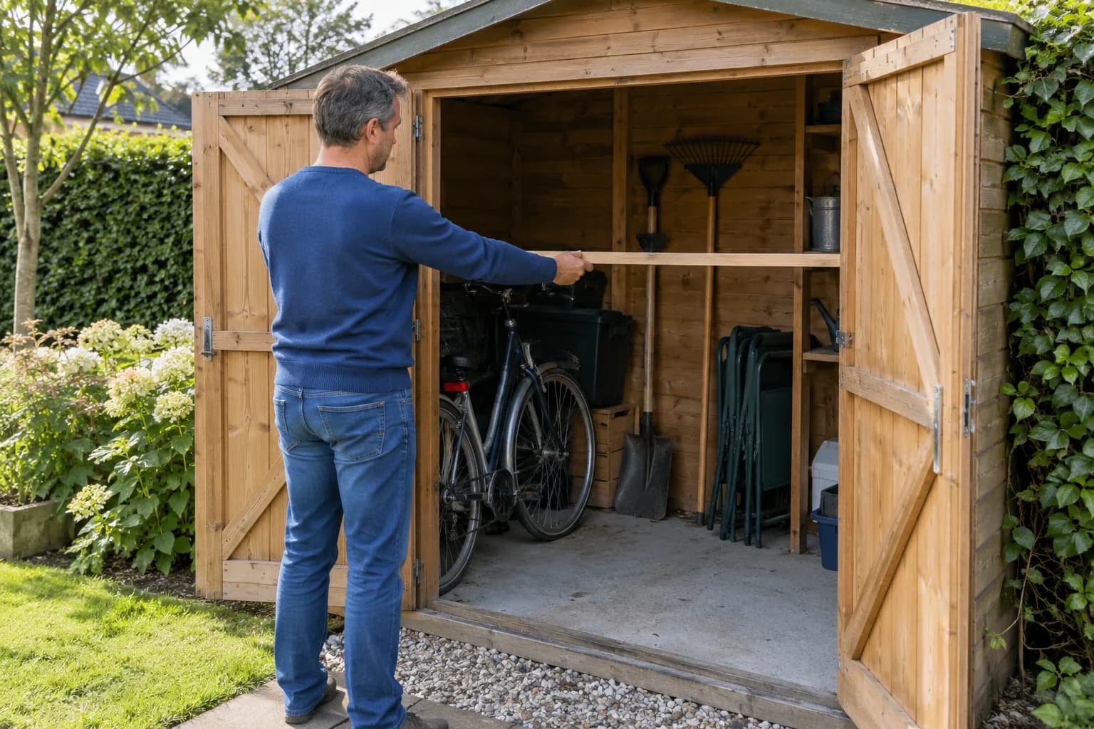 Habitant vérifiant l’ouverture d’un abri avec une latte, devant des vélos, outils et chaises rangés.