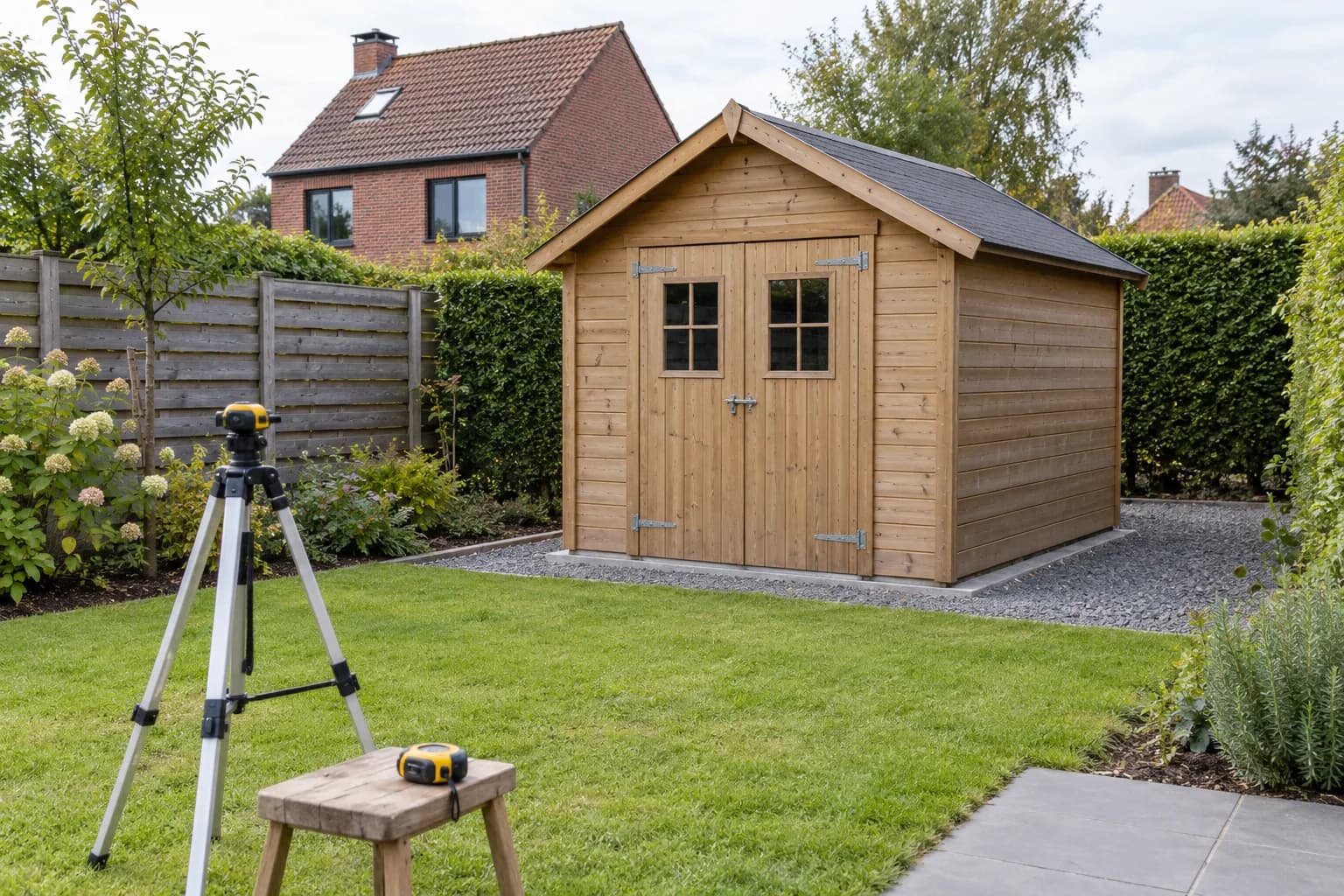 Abri de jardin en bois à double porte, photographié avec un trépied de mesure et du recul autour du bâtiment.