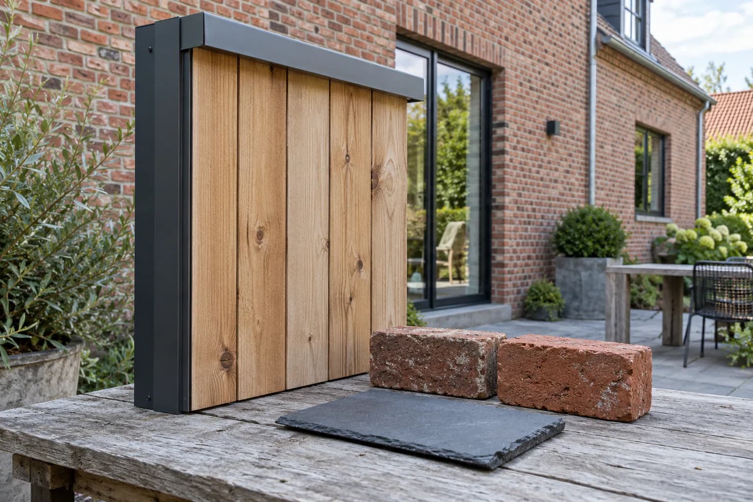 Panneau de bardage bois, profilés gris, briques et ardoise comparés devant la façade existante.