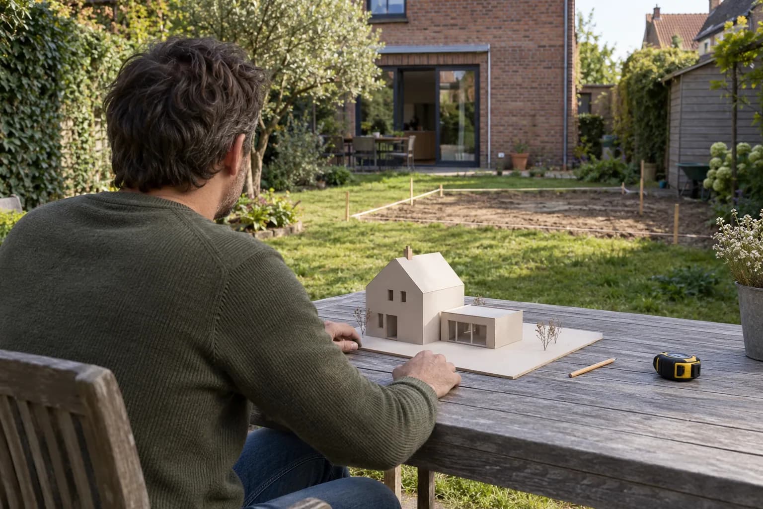 Habitant examinant une maquette de maison et d’annexe sur une table, devant le jardin à aménager.