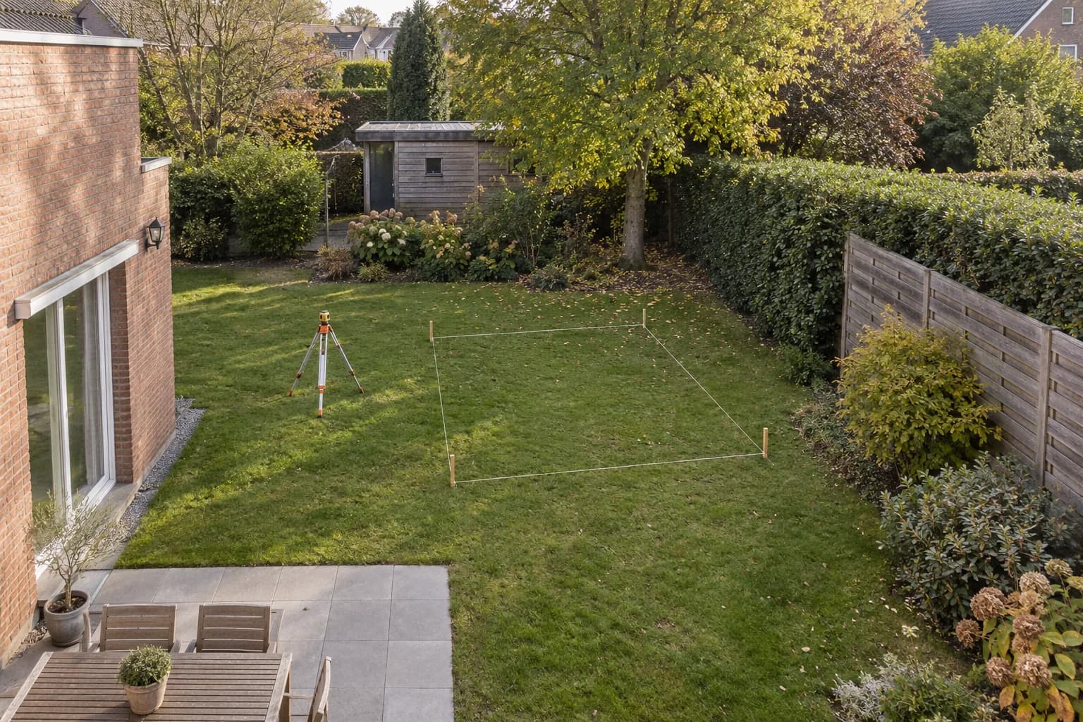 Emprise d’une future annexe délimitée au cordeau dans le jardin, entre maison, haie et clôture.