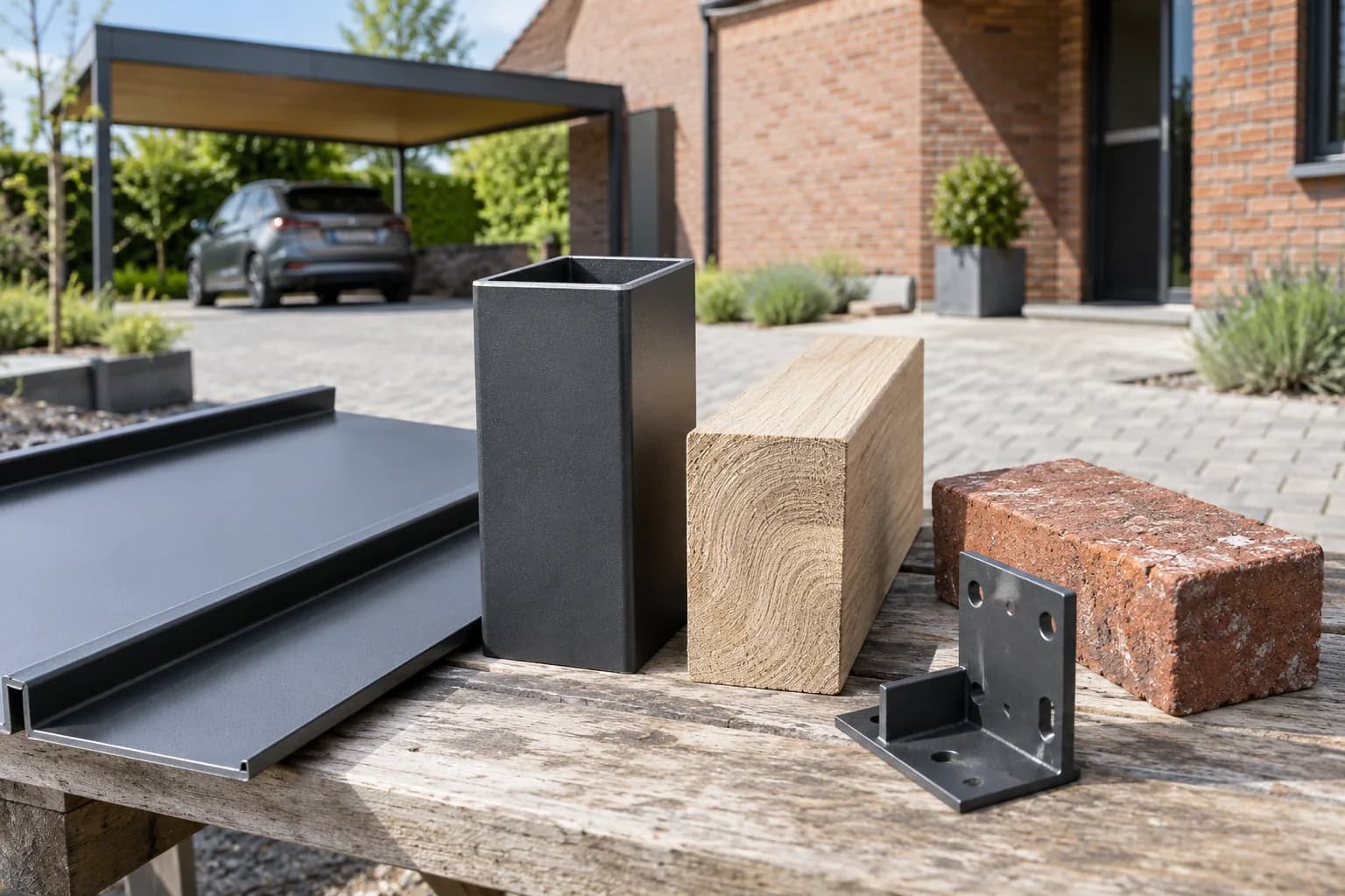 Échantillons de poteau métallique, de poutre en bois et de couverture pour choisir l’aspect d’un carport.