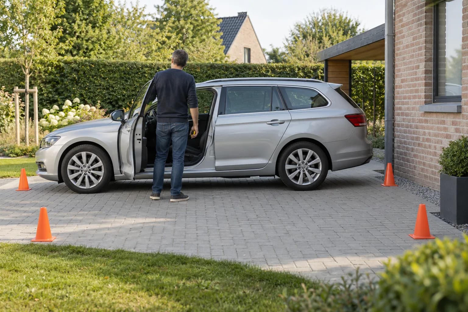 Essai de dégagement de la portière d’une voiture entre les repères du futur carport.