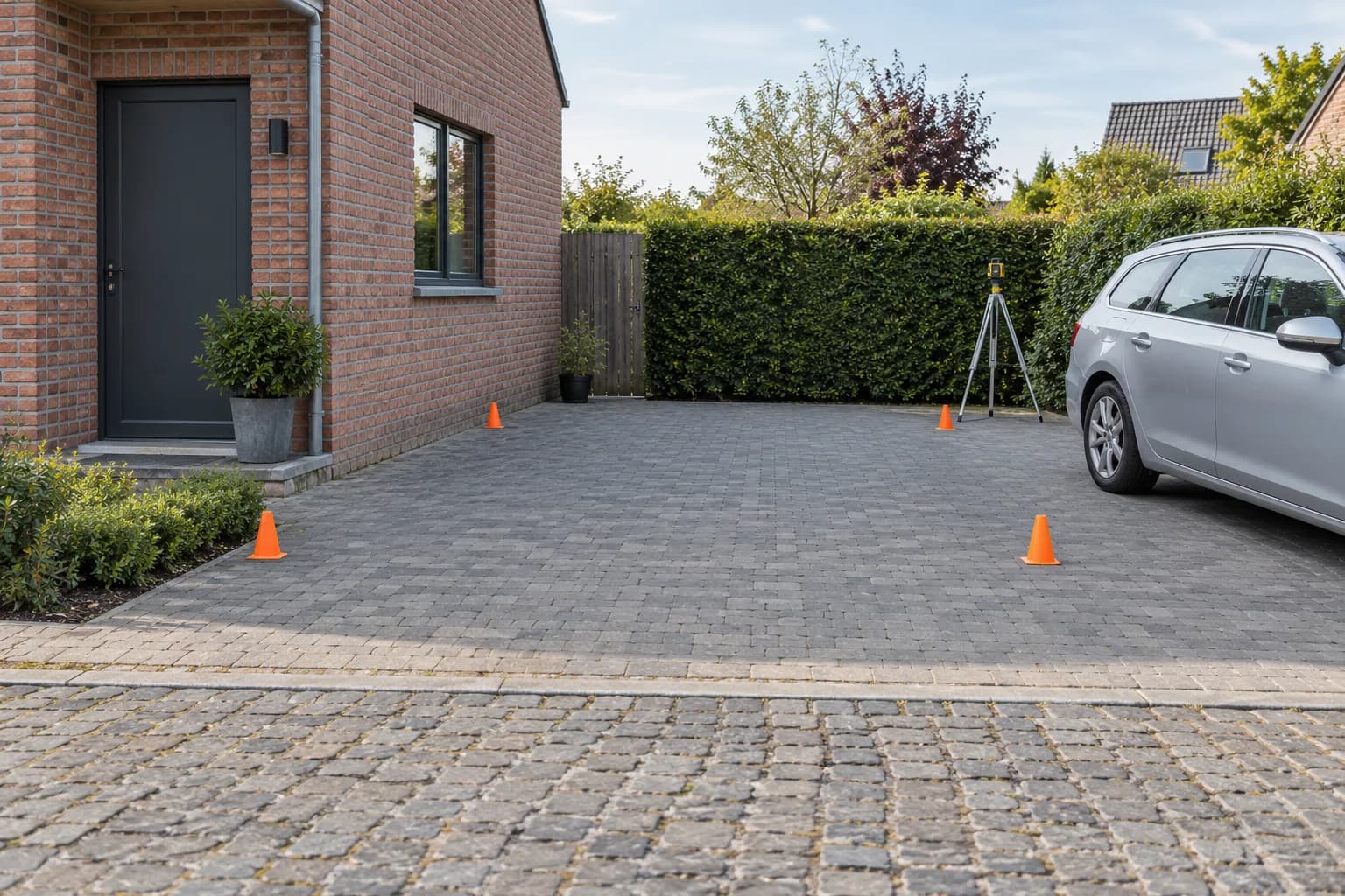 Emplacement d’un futur carport marqué par quatre cônes sur une allée pavée reliée à la rue.