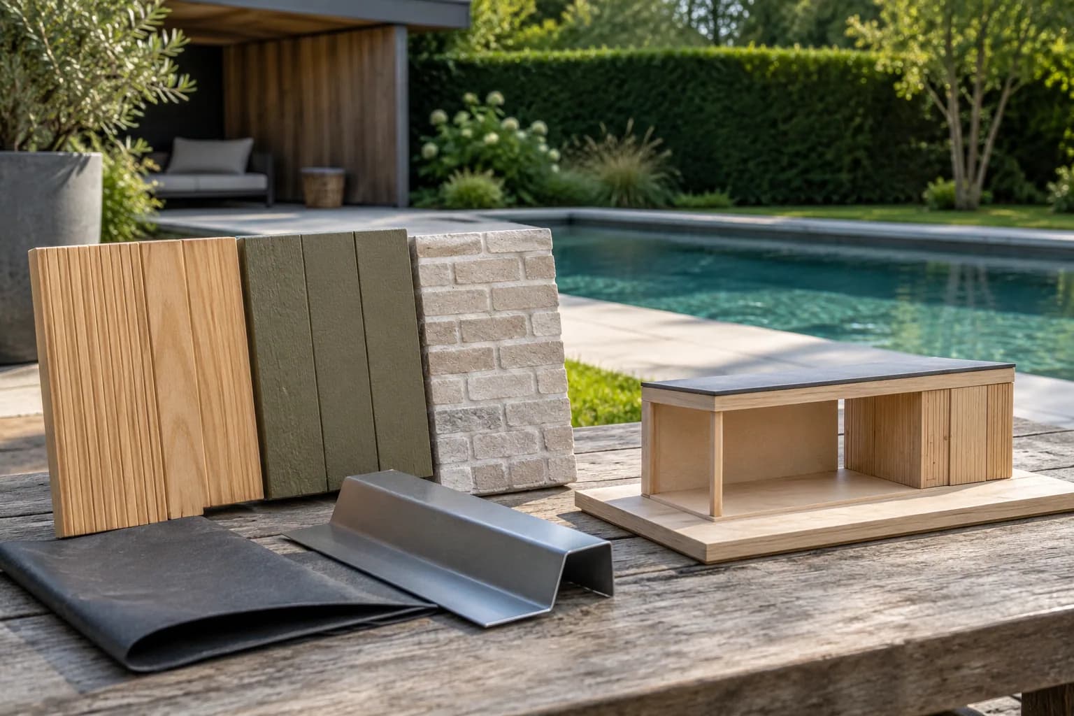 Maquette de pool house et échantillons de bardage, de briquettes et de finition de toiture posés près d'une piscine.