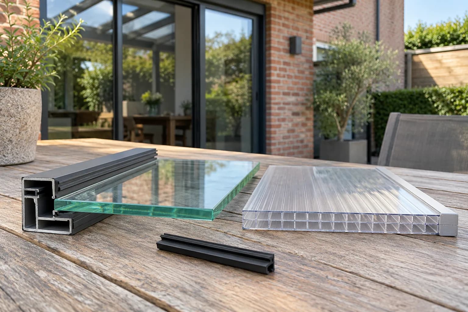 Échantillons de vitrage, de polycarbonate alvéolaire et de profilés pour comparer une couverture de terrasse.
