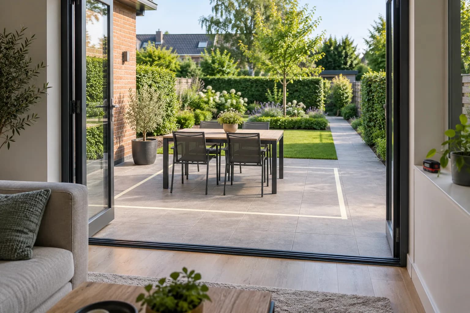 Vue depuis le séjour sur la zone de terrasse délimitée au ruban pour prévoir la future couverture.