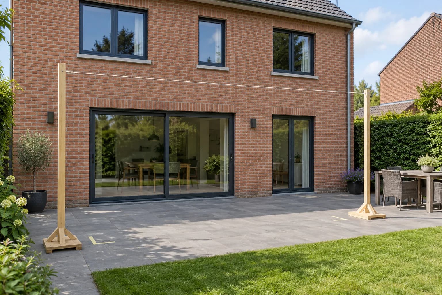 Gabarit de hauteur et de largeur d’une future toiture de terrasse devant une façade en briques.