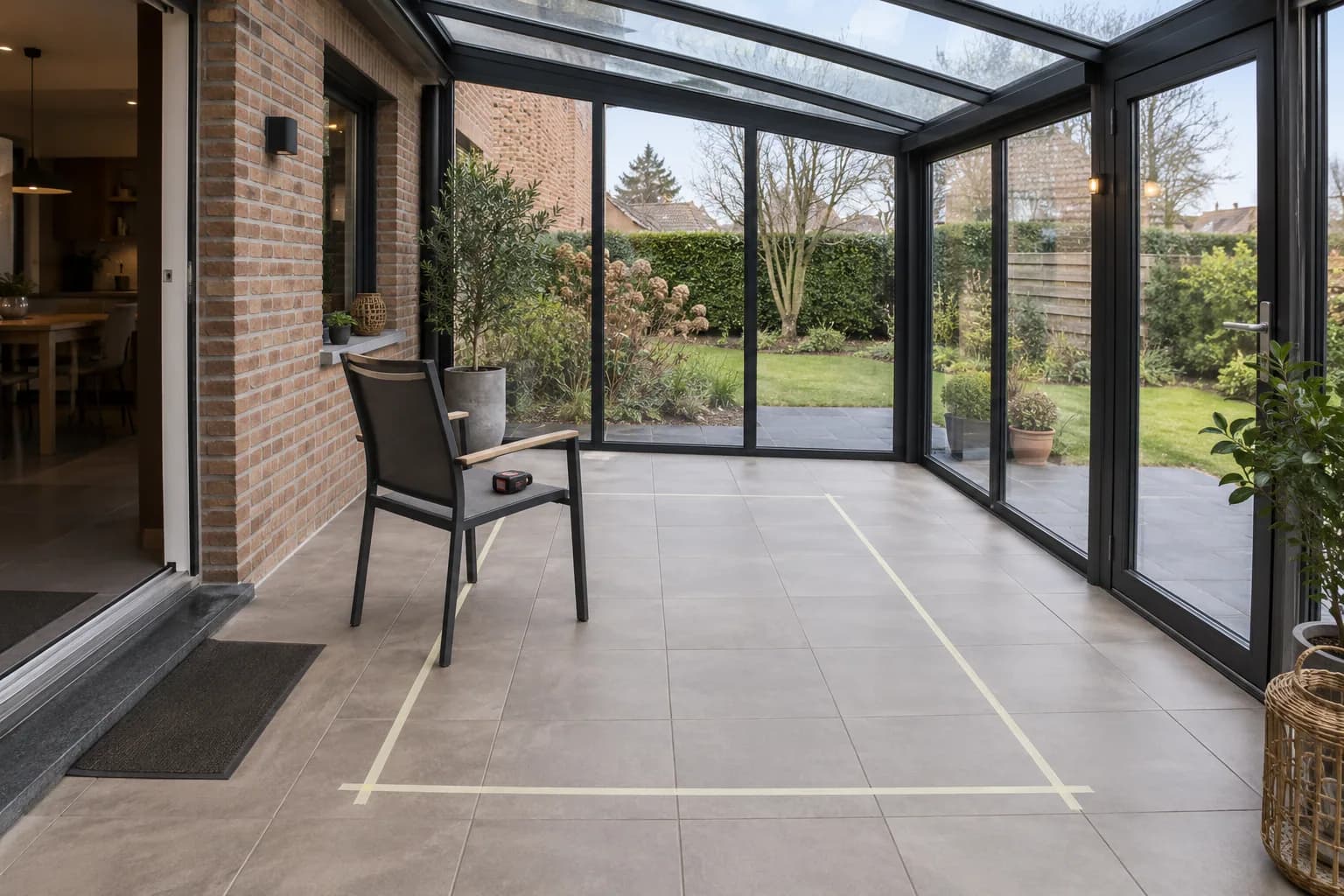 Emplacement d’une table tracé au sol d’une véranda vitrée pour vérifier les passages et les accès.