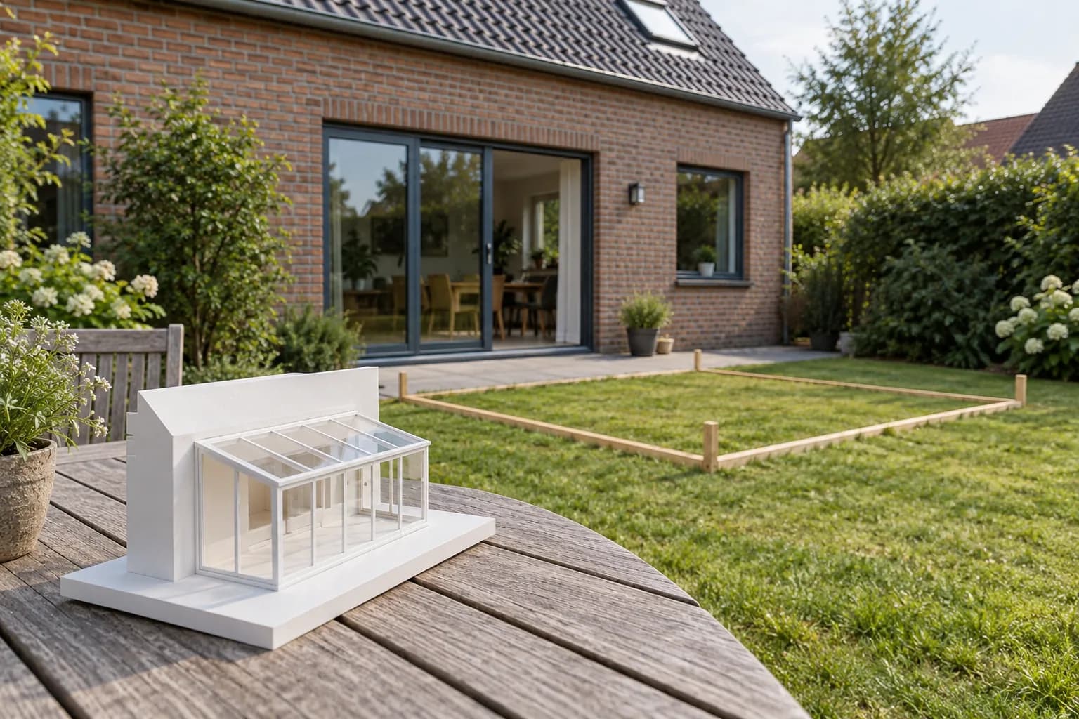 Maquette d’une véranda vitrée sur une table, devant la façade et une emprise matérialisée dans le jardin.
