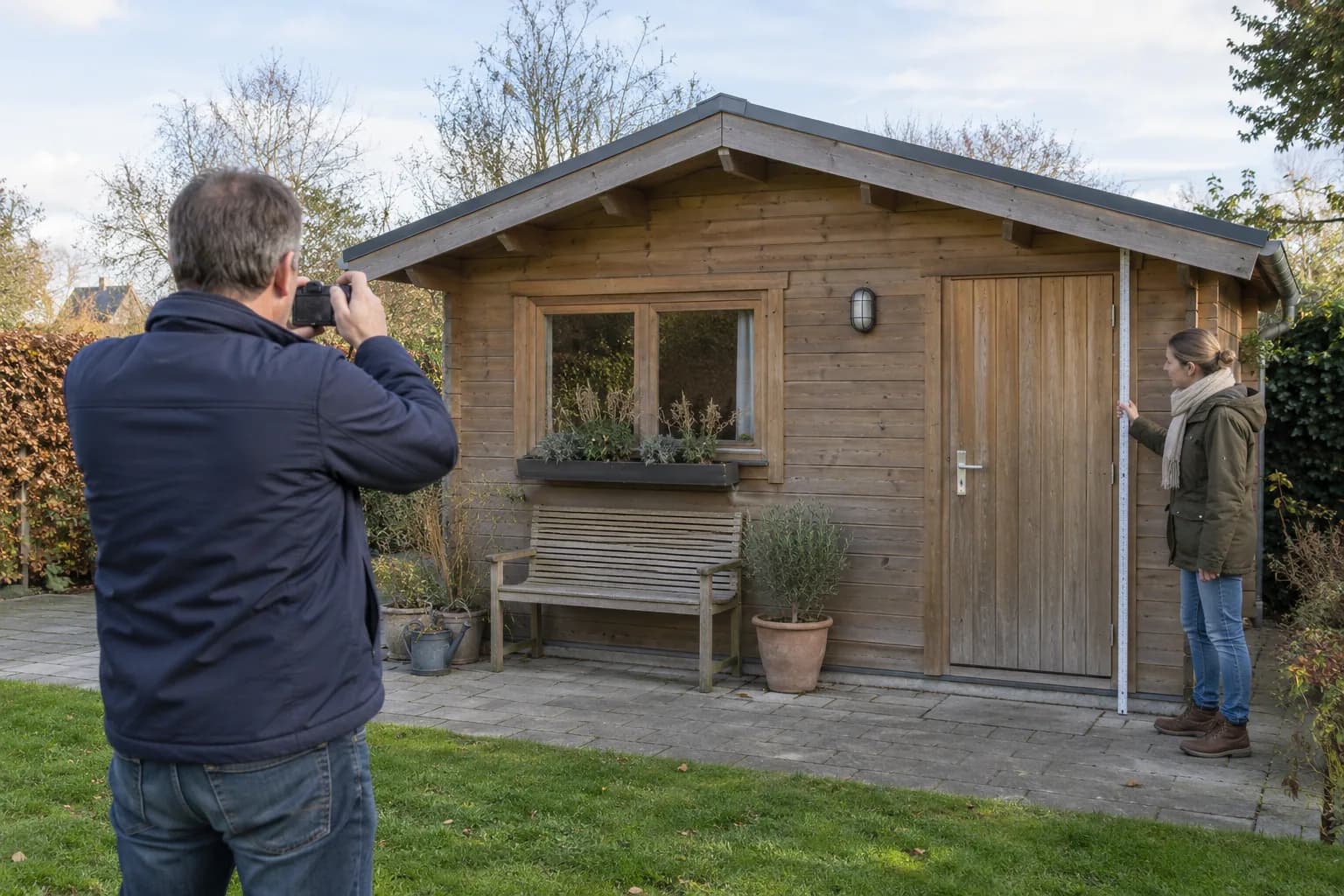 Une personne photographie la façade d'un abri tandis qu'une autre tient une règle verticale près de la porte.