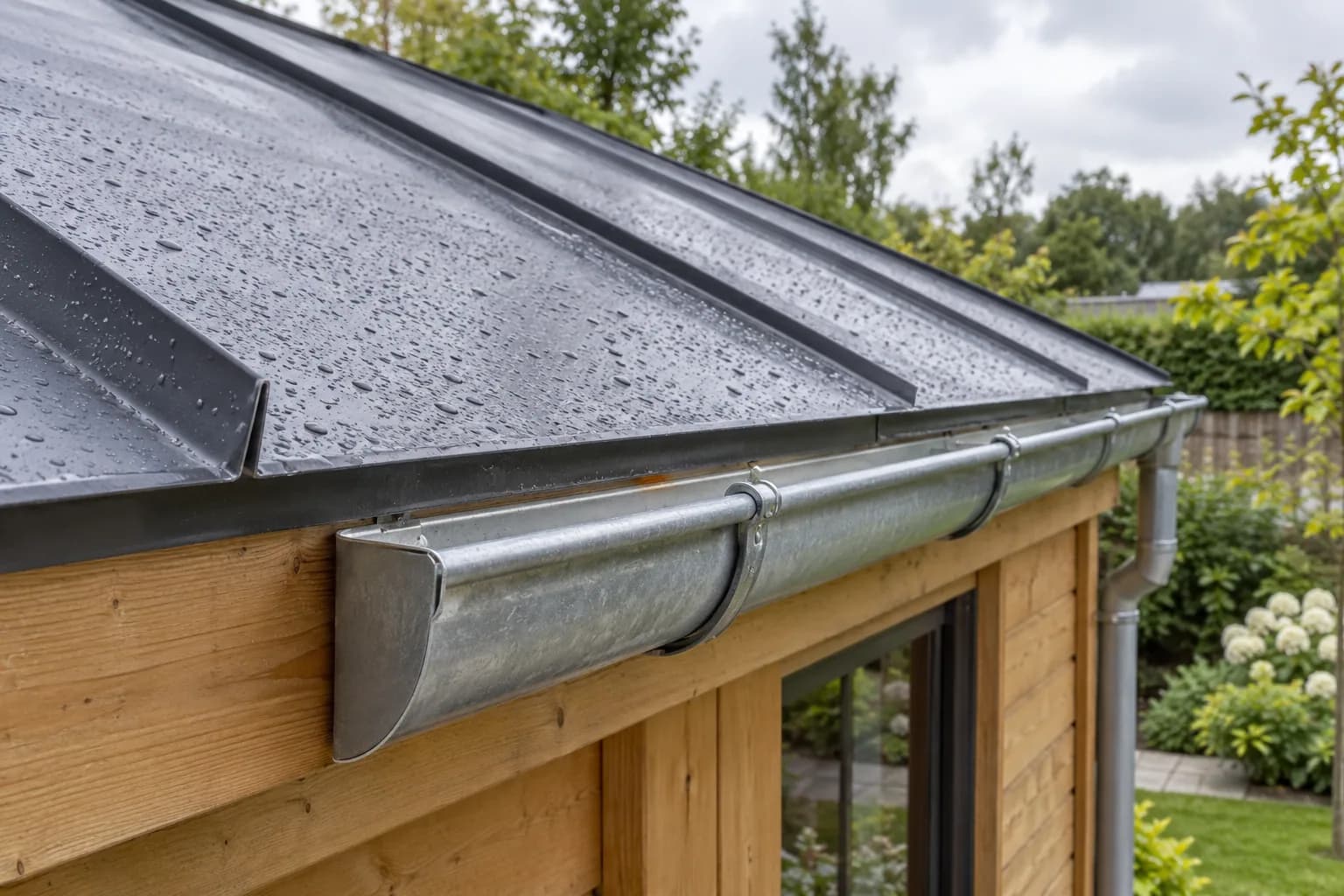 Détail du bord d'une couverture métallique et de sa gouttière en zinc, avec gouttes de pluie sur les panneaux.