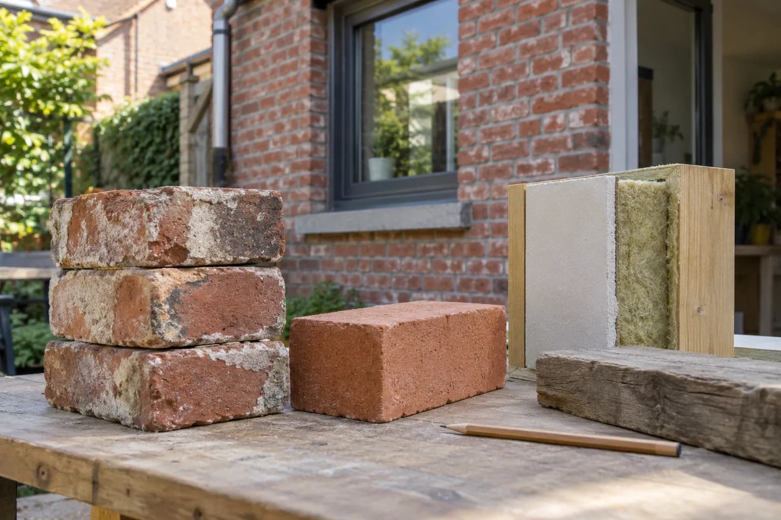 Briques de récupération, brique neuve et échantillon de doublage isolé présentés pour préparer la rénovation d'une annexe.