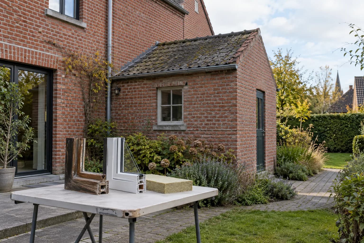 Échantillons de châssis et d'isolant sur une table devant une ancienne annexe en briques attenante à la maison.
