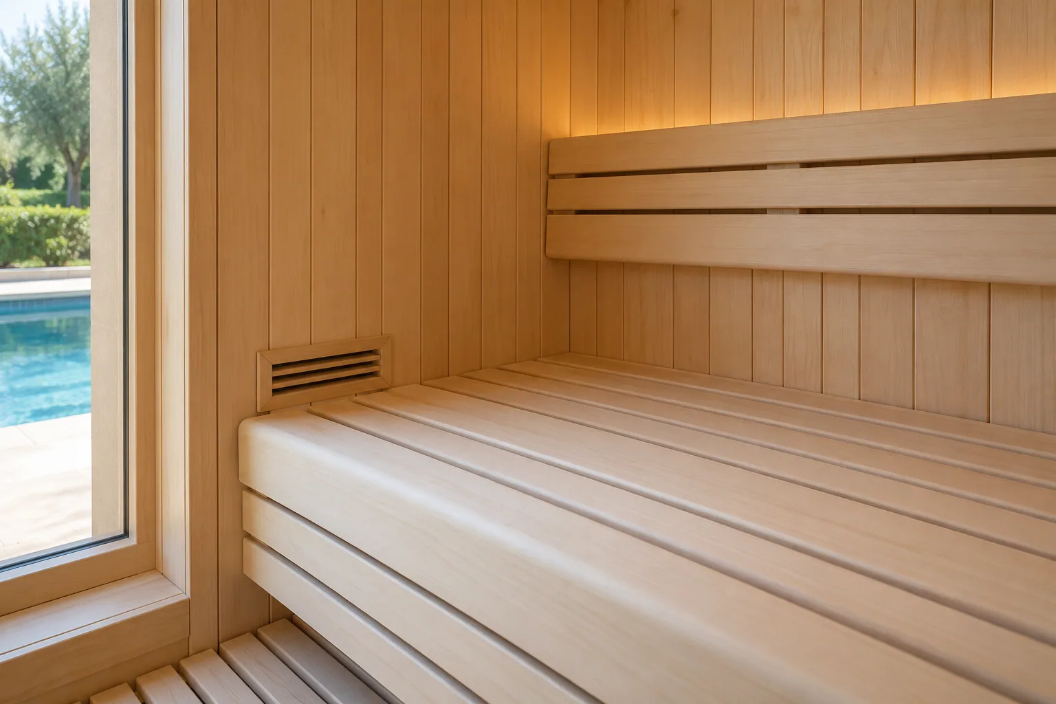 Détail des lattes arrondies d’une banquette de sauna, du lambris et d’une grille de ventilation près de la fenêtre.