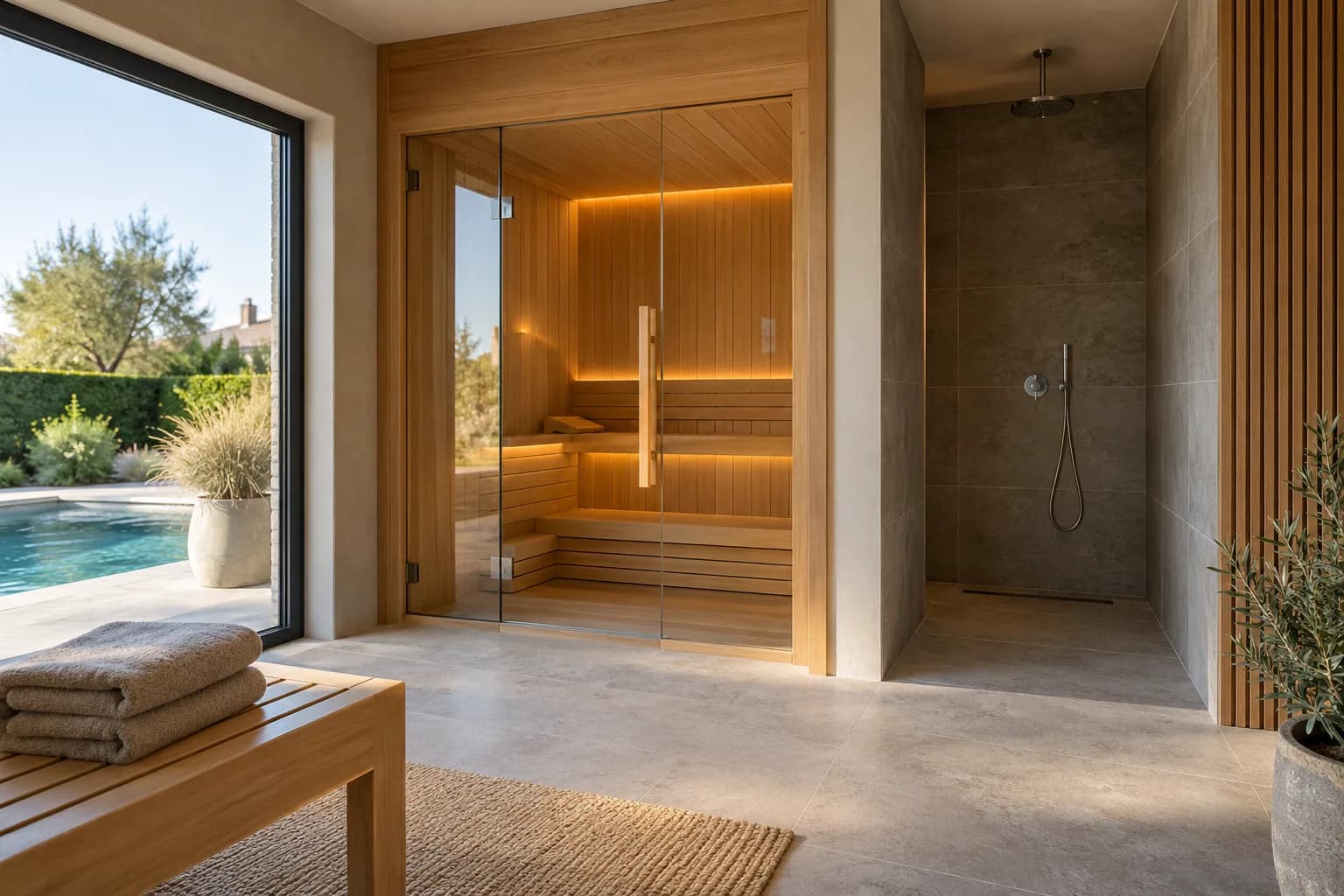 Cabine de sauna vitrée et douche carrelée séparée, avec serviettes sur un banc et piscine visible par la fenêtre.