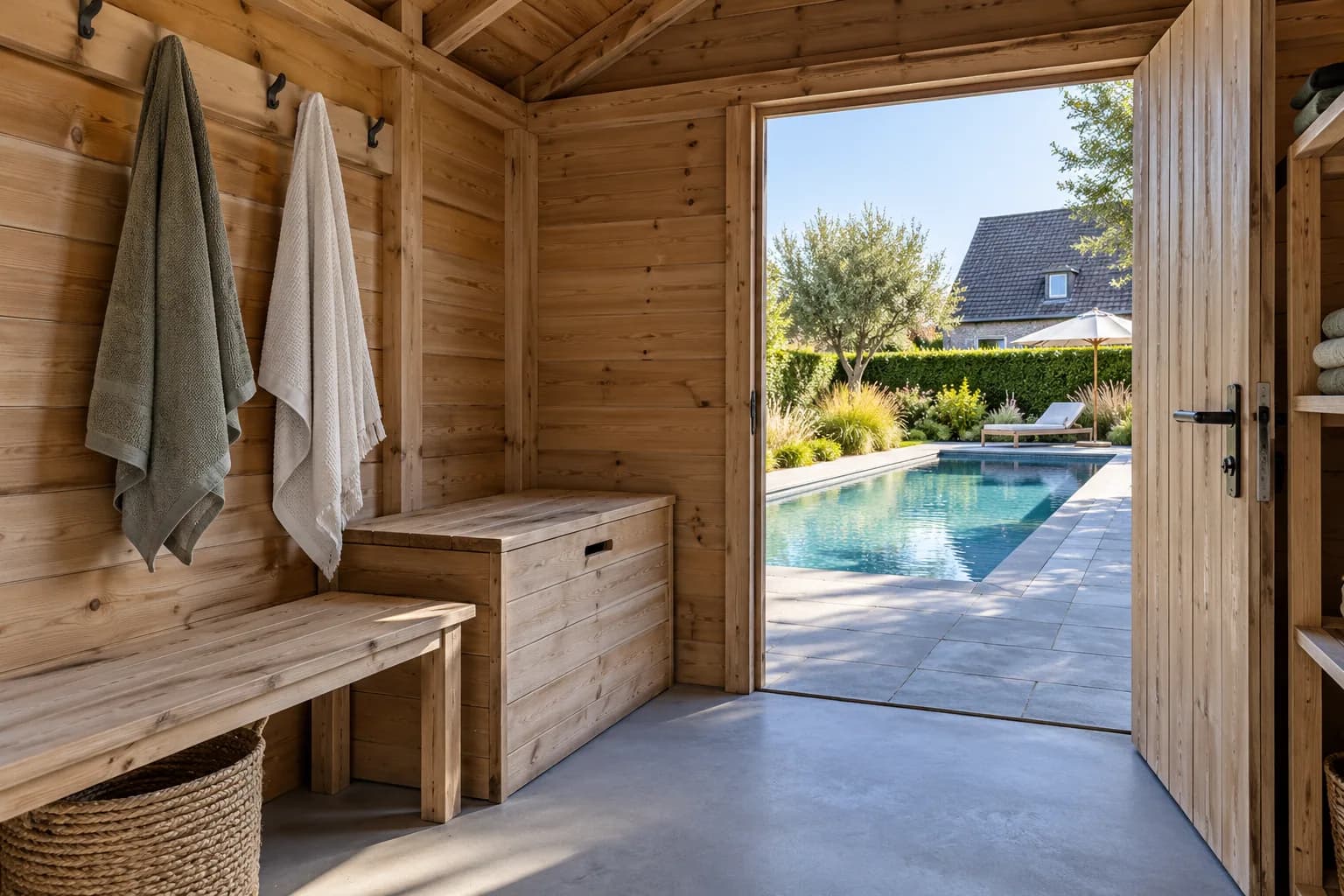 Vestiaire en bois avec banc, coffre et serviettes, ouvrant directement sur la terrasse de la piscine.