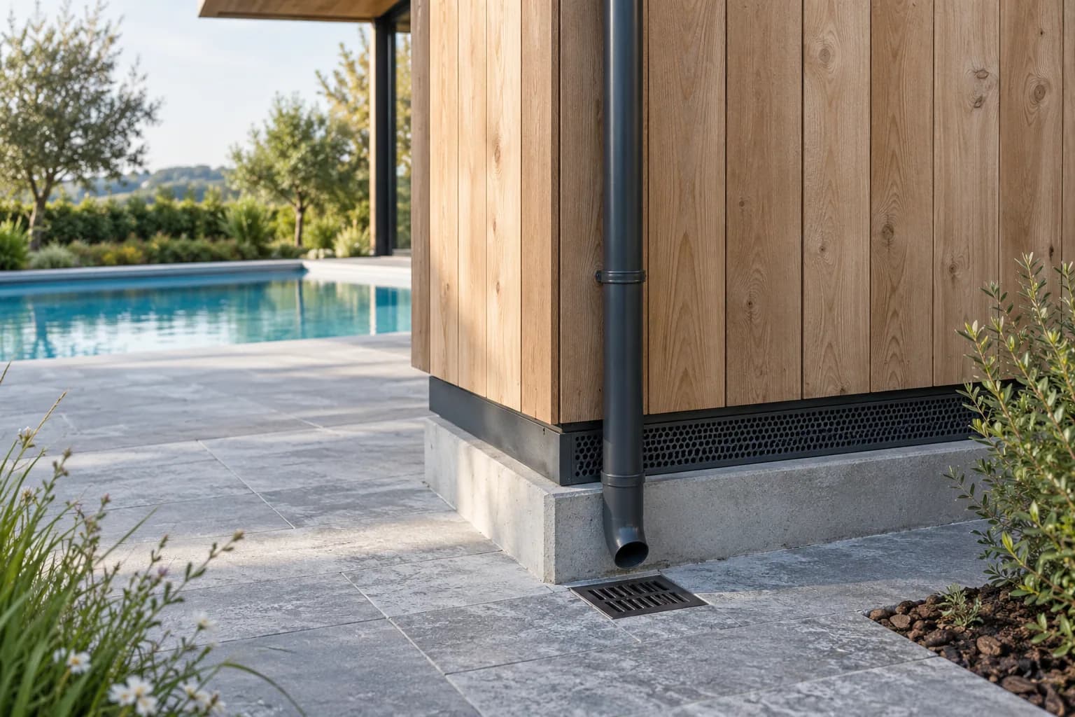 Pied de bardage bois sur socle béton avec grille de ventilation, descente pluviale et avaloir près de la piscine.