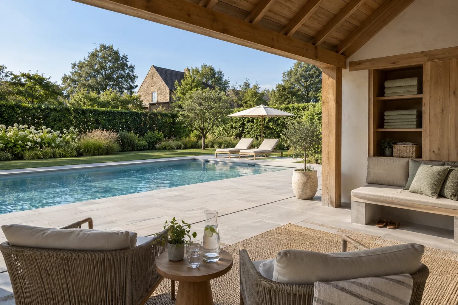 Salon abrité d’un pool house avec banquette, rangement de serviettes et vue dégagée sur la piscine.