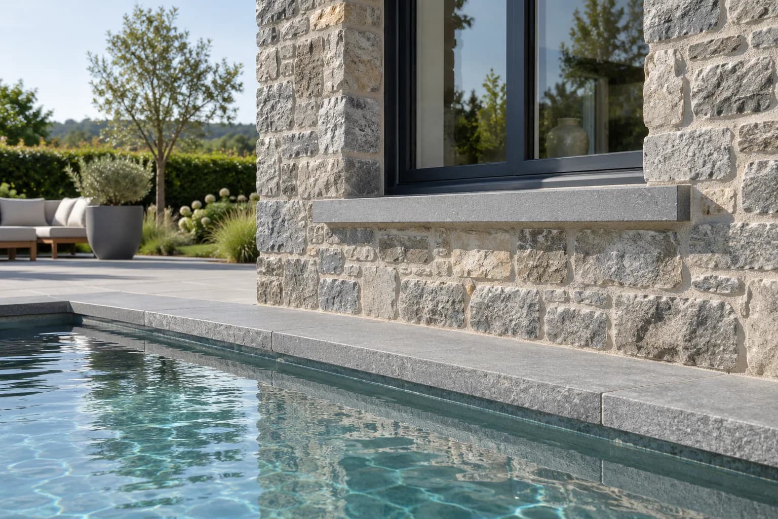 Mur de pierres jointoyées autour d’une fenêtre sombre, avec appui en pierre et margelle de piscine.