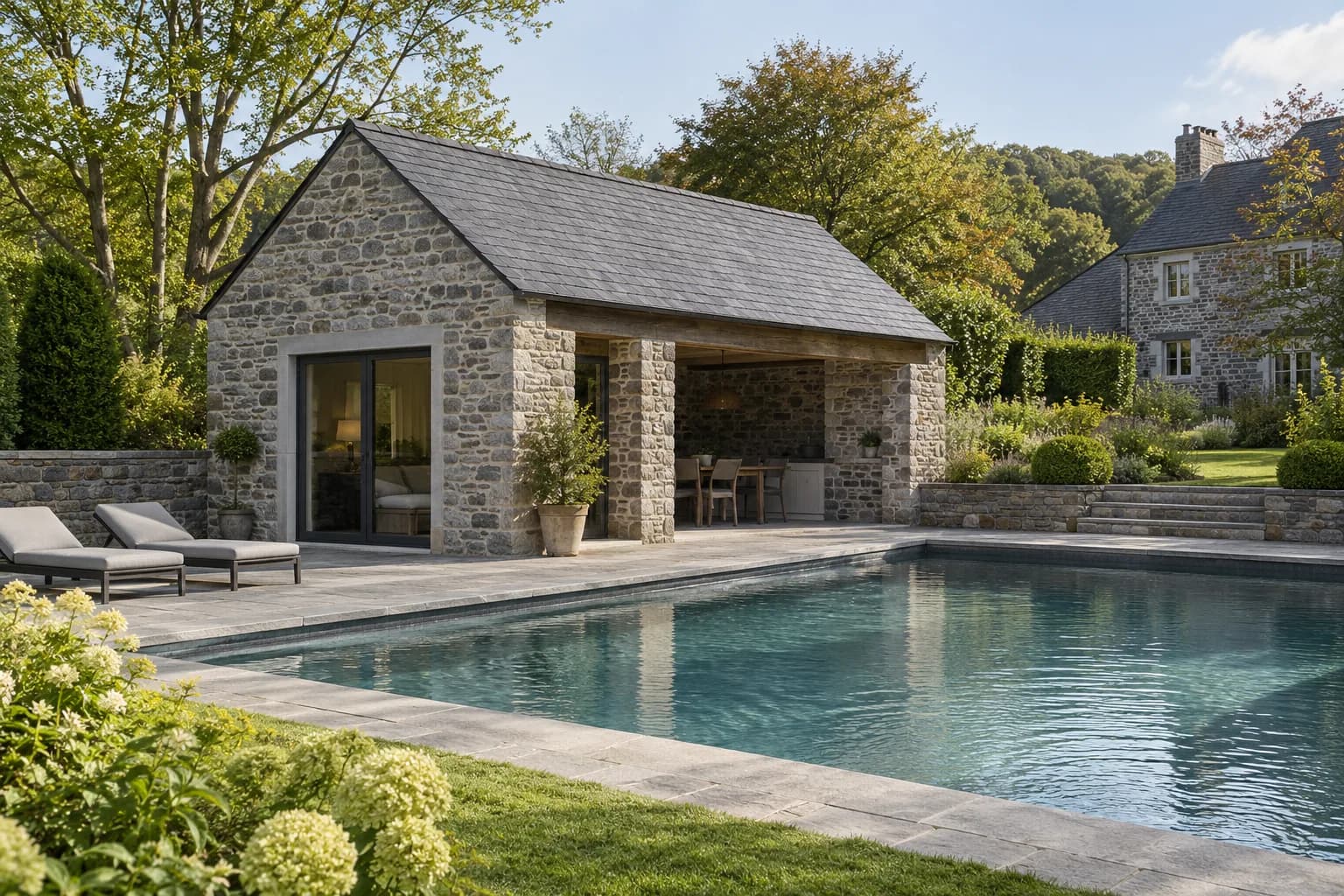 Pool house en pierre grise à toit d’ardoises, avec pièce vitrée et espace repas abrité au bord de la piscine.